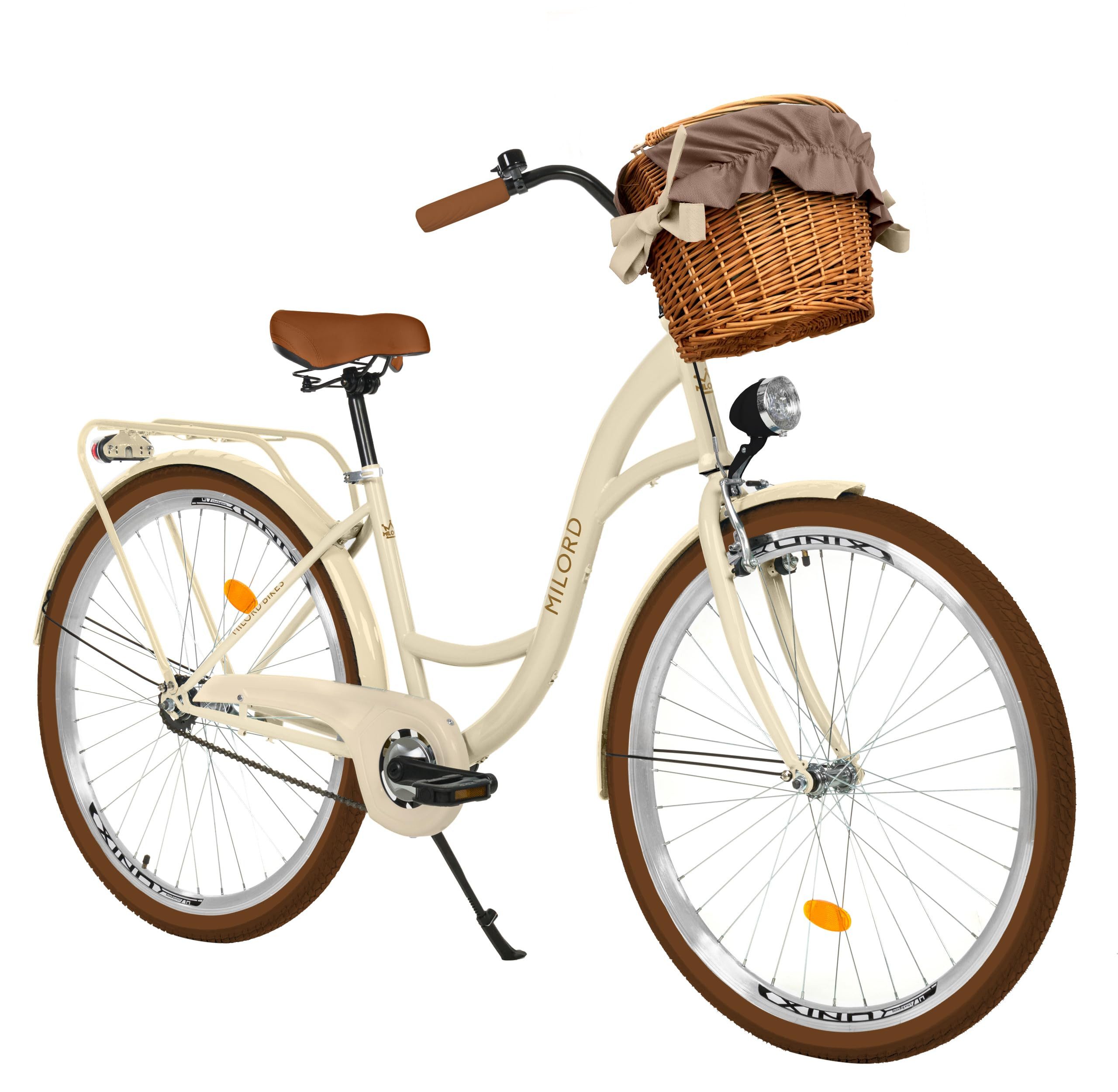 Milord Cityrad Milord Fahrrad Weidenkorb Damenfahrrad 28 Zoll, Beige-Braun 1-Gang, 1 Gang, (Fahrradständer, Gepäckträger, Klingel, Korb, Kotflügel)