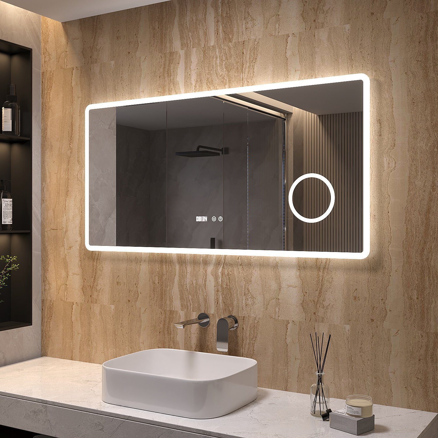 AQUALAVOS Badspiegel Badspiegel mit licht Beleuchtung 120x60 cm Touch Uhr d günstig online kaufen