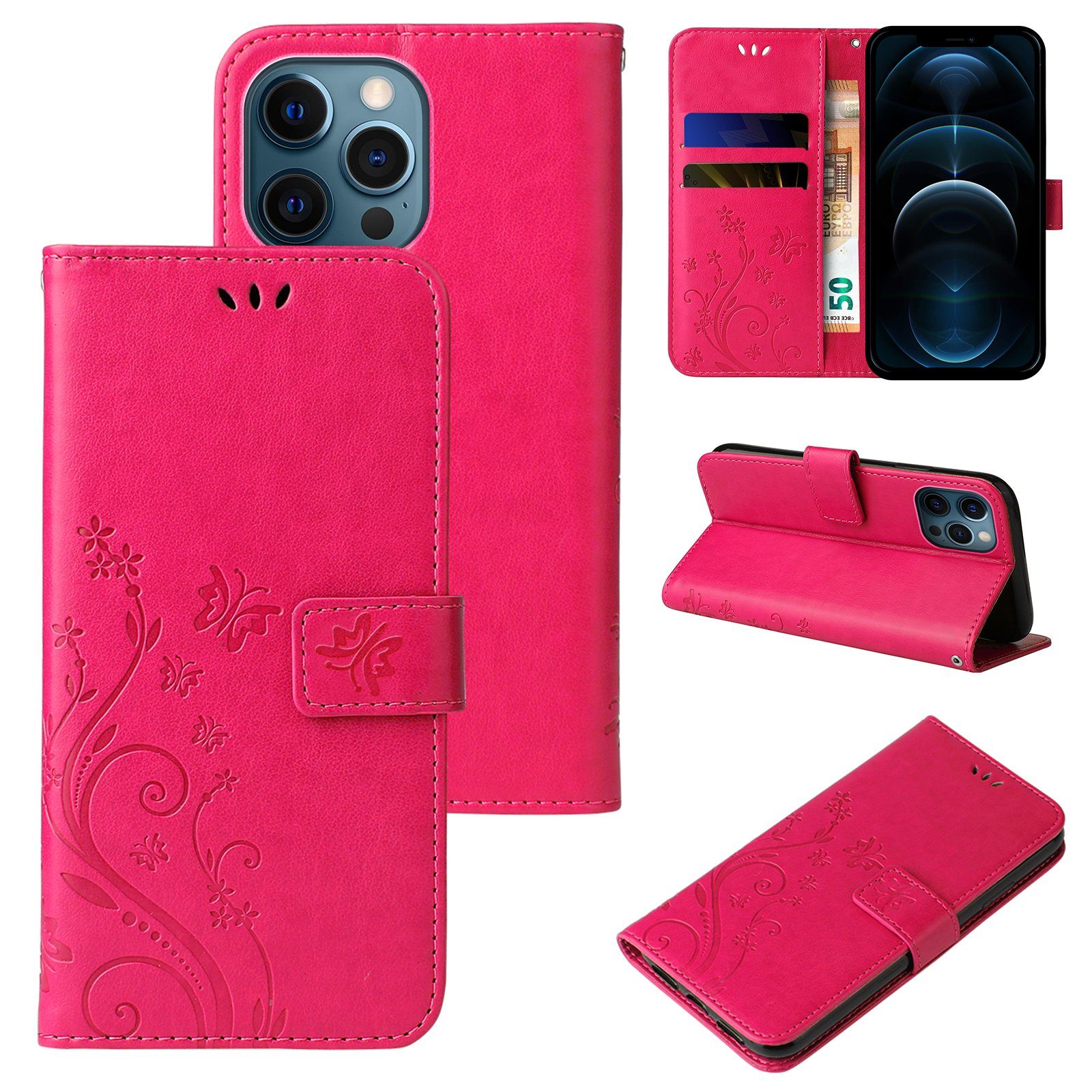 Tec-Expert Handyhülle Cover Tasche Hülle für Apple iPhone 12 6,1 Zoll, Klapphülle Case mit Kartenfach Fliphülle aufstellbar, Motiv Blumen