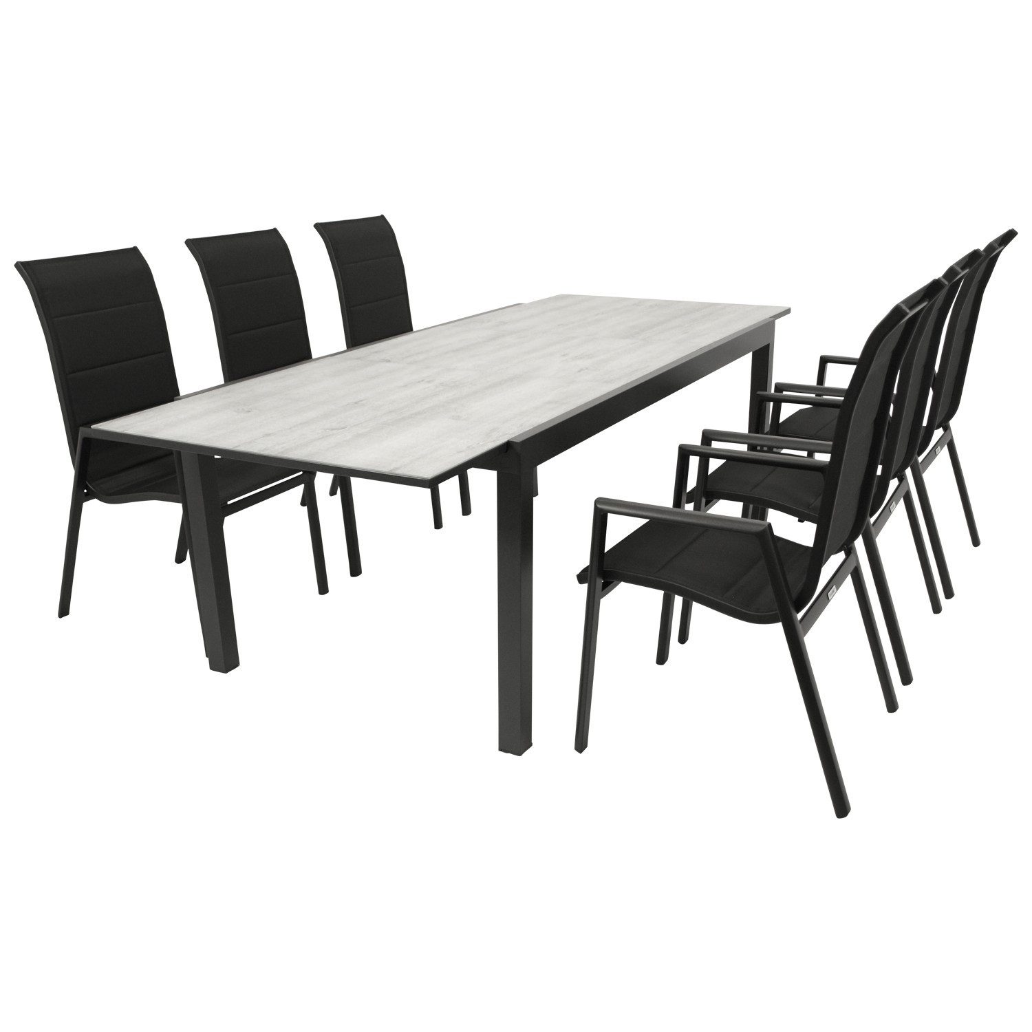 DEGAMO Garten-Essgruppe FARO Hochlehner, (7-tlg., 6x Stapelsessel, 1x Ausziehtisch), Alu anthrazit, Stapelsessel, Ausziehtisch Keramikoptik hell