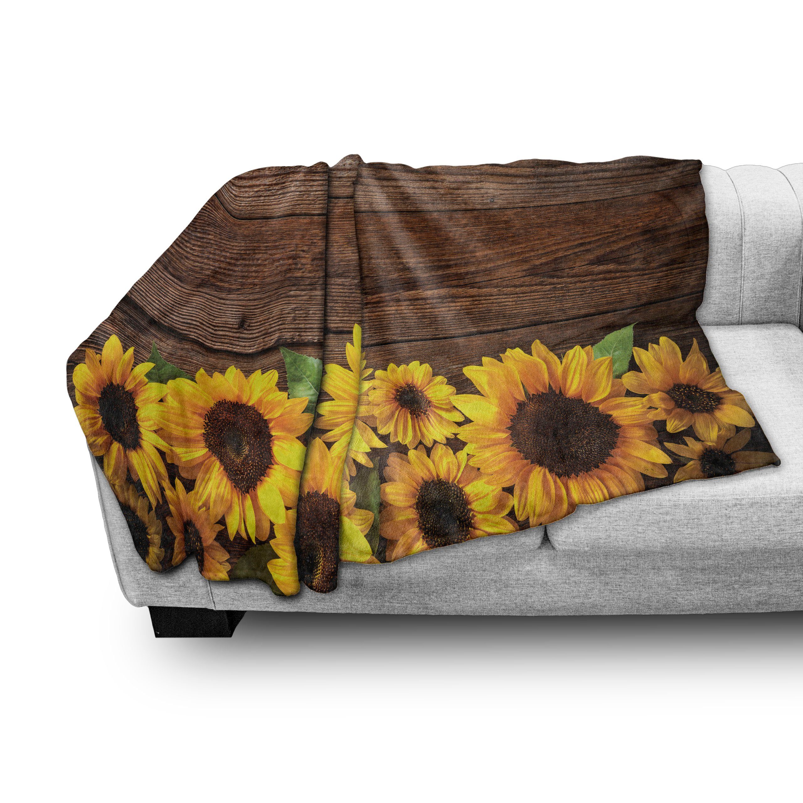 Wohndecke Gemütlicher Plüsch Sunflower Motiv den und rustikales für Herbst Innen- Abakuhaus, Außenbereich, Holz