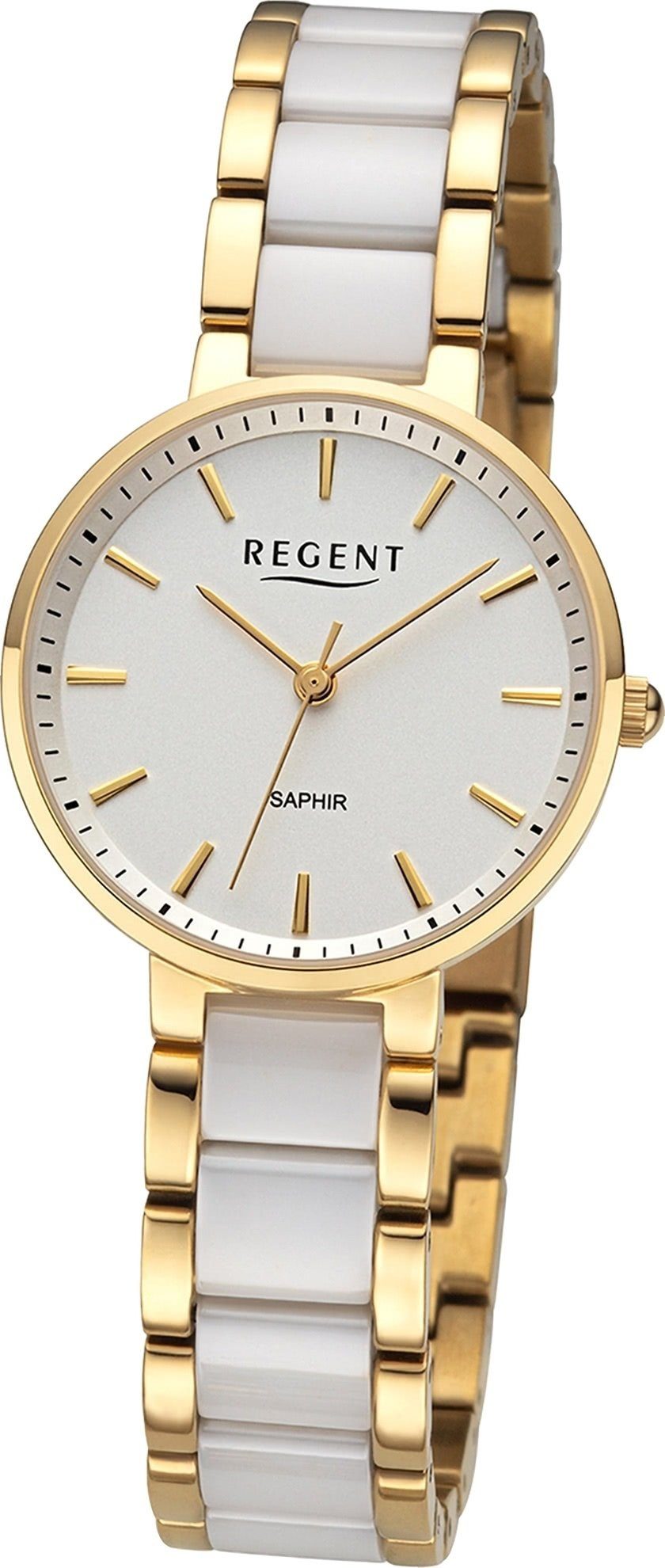 Regent Quarzuhr Regent Damen Armbanduhr Analog, Damenuhr Keramikarmband gold, weiß, rundes Gehäuse, groß (ca. 30mm)