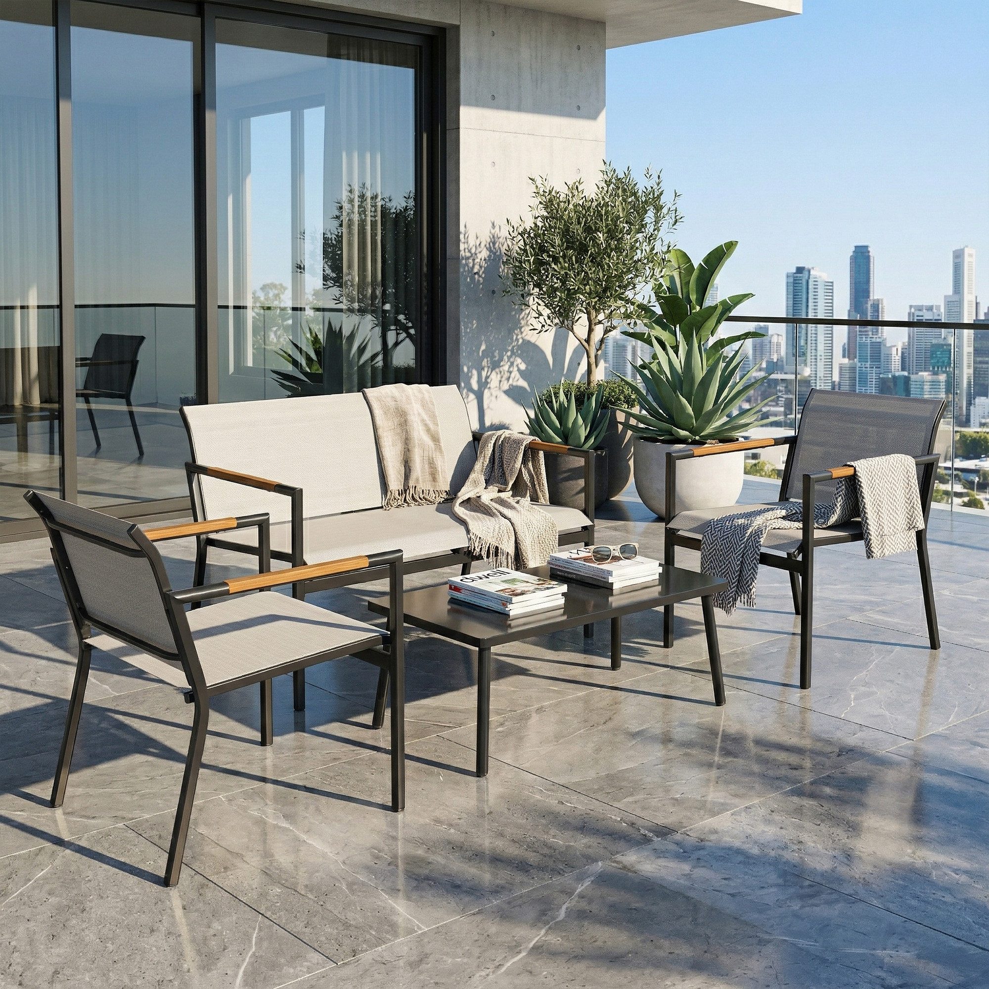 Outsunny Sitzgruppe mit 2er Sofa, 2 Sessel, Metall-Tisch, Fußpads, (Gartenlounge, 4-tlg., Gartenmöbel Set), für Garten Balkon Cremeweiß