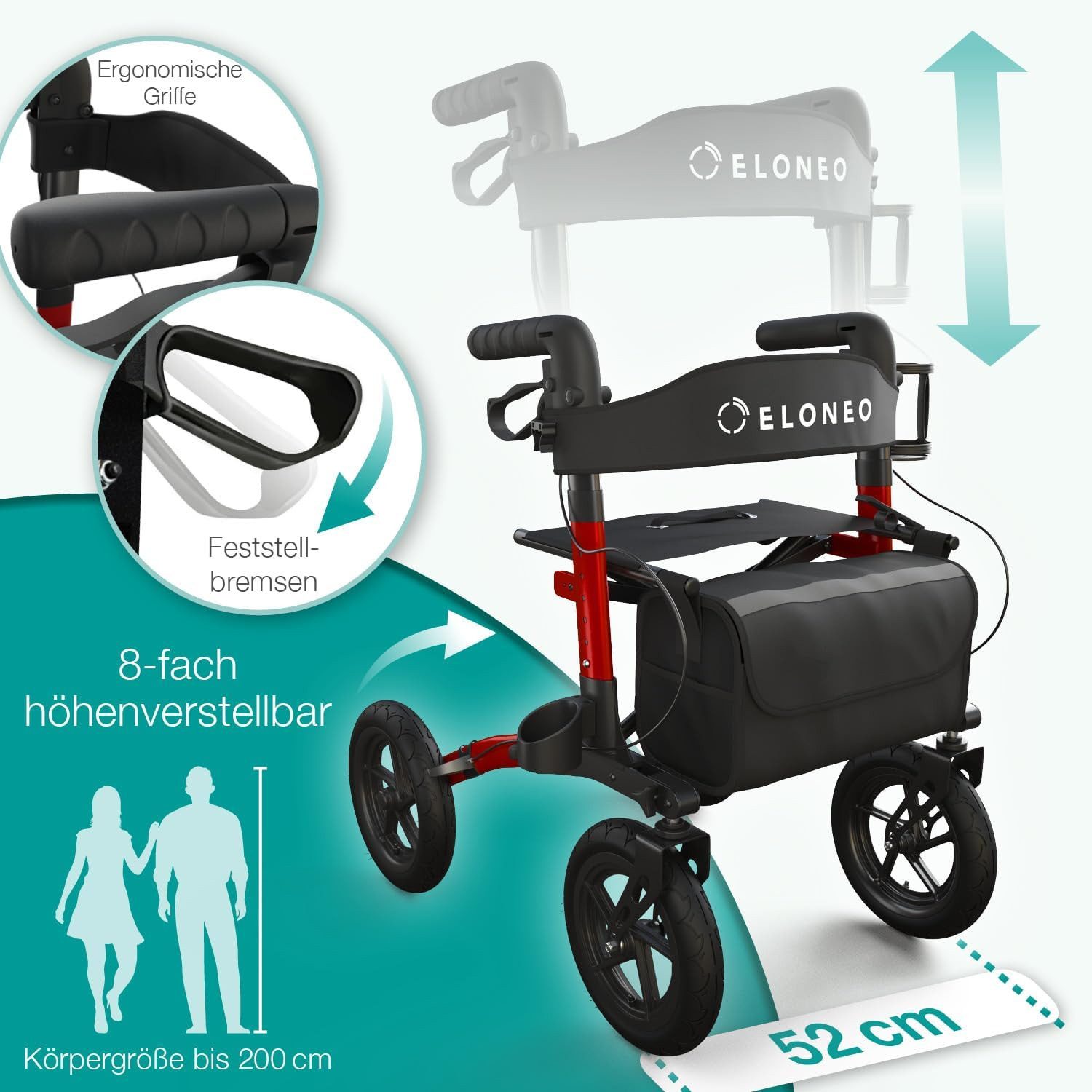 ELONEO Rollator faltbar & leicht, Outdoor Rollator mit Sitz & Luftbereifung, Klick & Go System, feststellbare Bremse, Lufträder