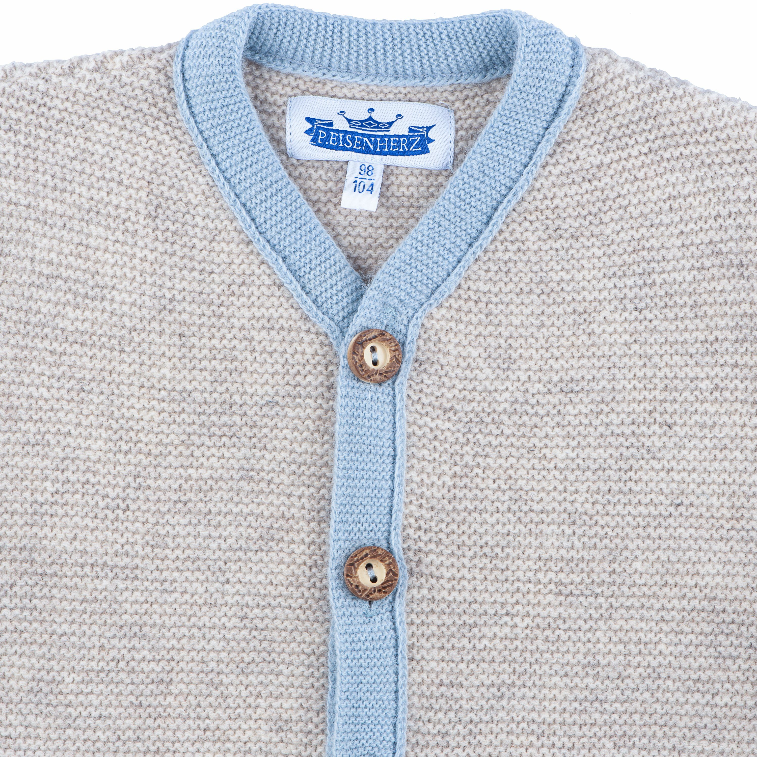 P.Eisenherz Trachtenstrickjacke Strickjacke beige/hellblau beige aus Merinowolle in Linksstrick