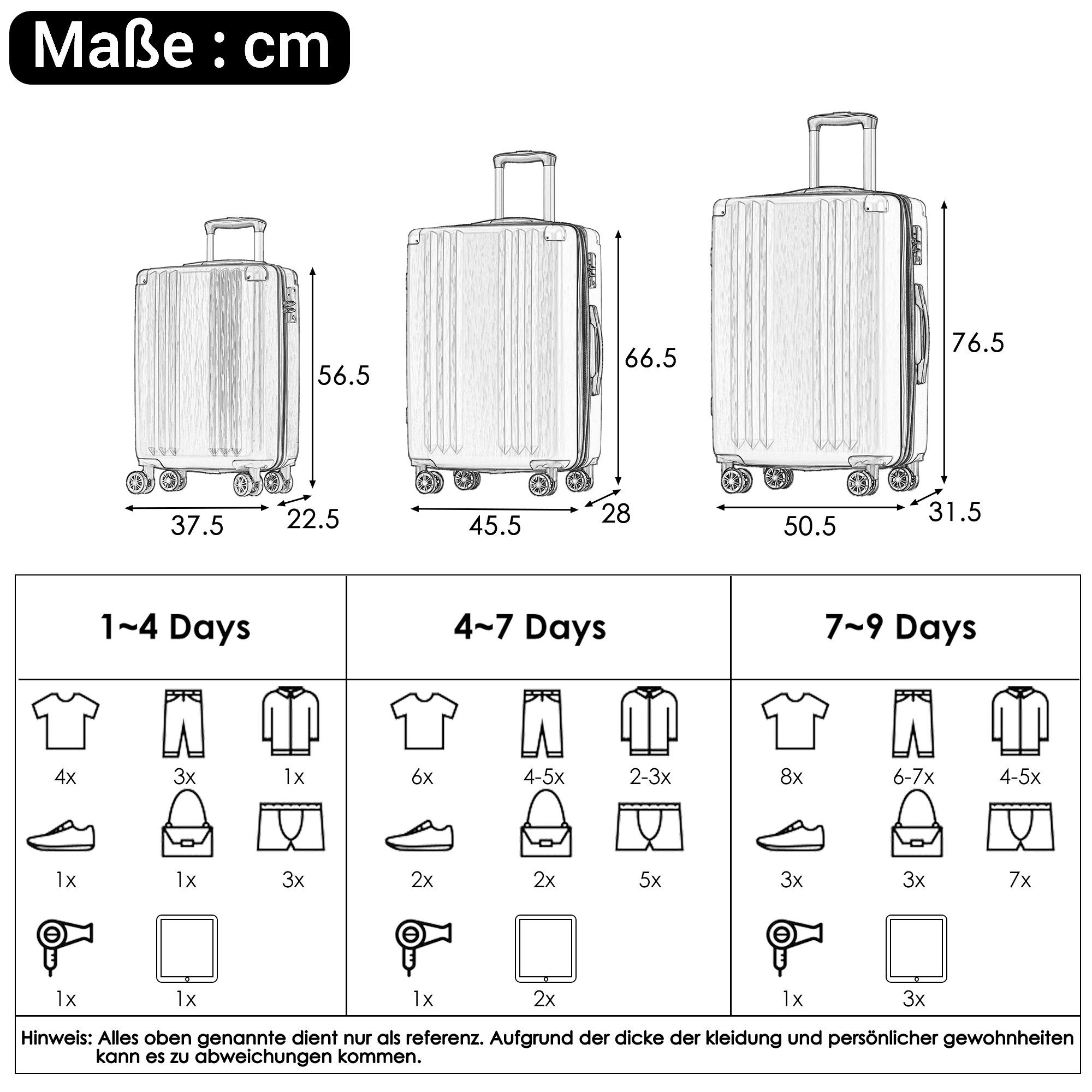 Hartschalen-Trolley 360° Räder 4 leises Universal- Reisekoffer, Hartschalenkoffer Handgepäck-Trolley silbergrau 56.5*37.5*22.5 REDOM Rollen, 4 cm Rollen,