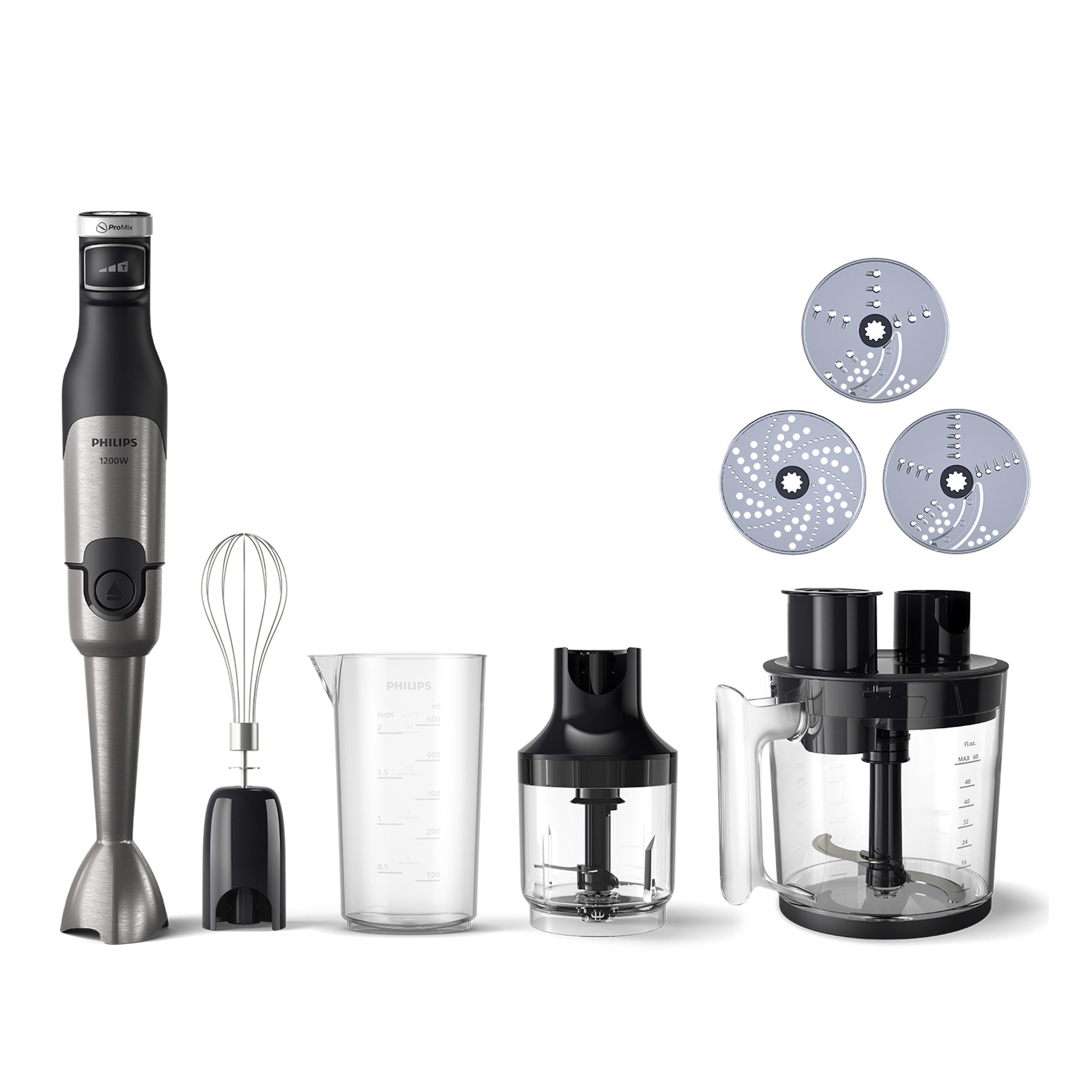 Philips Stabmixer HR2685/00 5000 Series, mit ProMix-Technologie, Becher, 1200 W, Schneebesen, Foodprozessoraufsatz und Zerkleinerer; Edelstahl/Schwarz