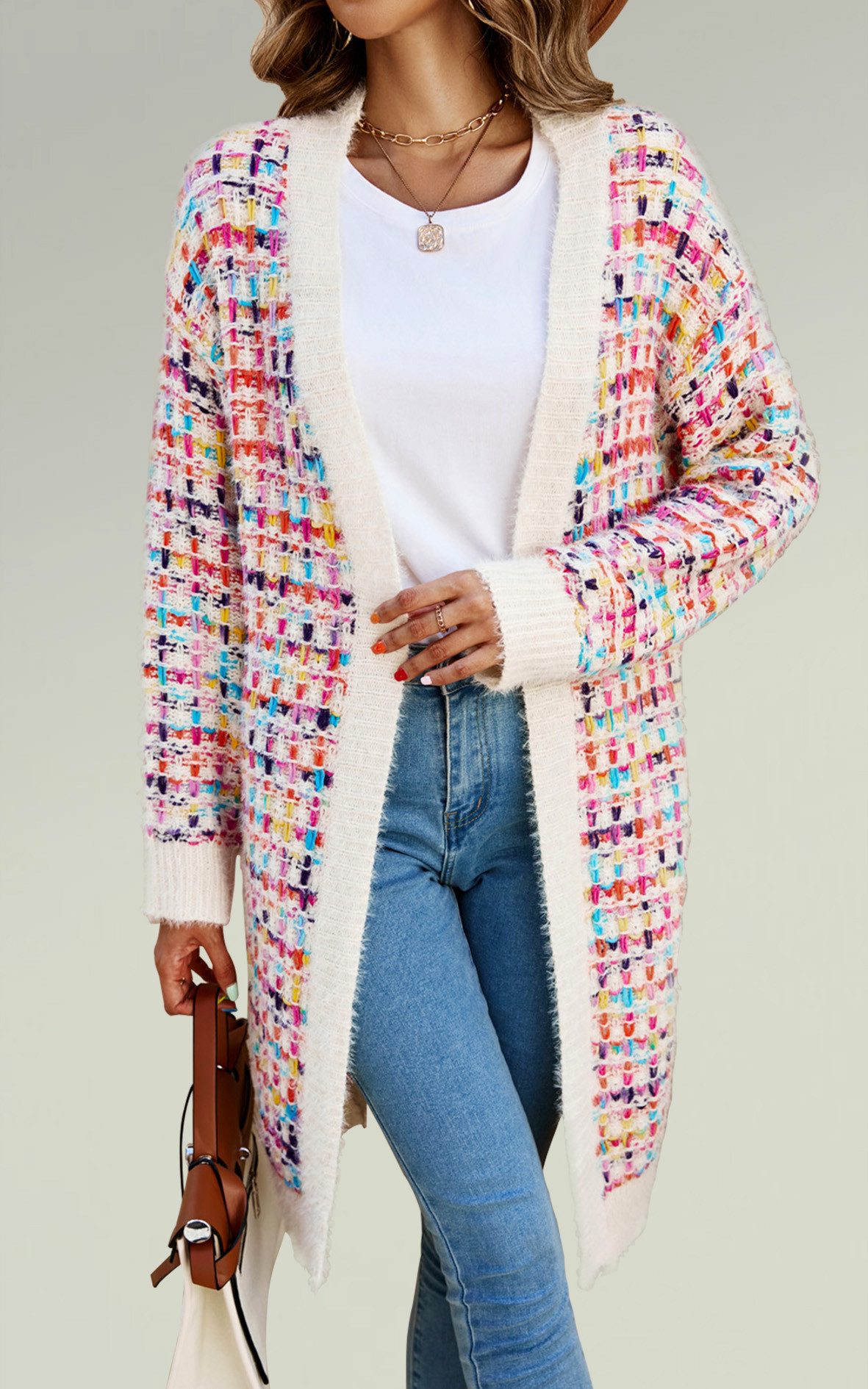 FS Collection Longstrickjacke Bouclé Strickjacke Cardigan mit Karomuster – gemütlicher Stil (Einheitsgröße: UK 8–16 / EU 36–44, 3 Farben : Cremeweiß Bunt, Marineblau Bunt und Braun Bunt) 100 % Acryl