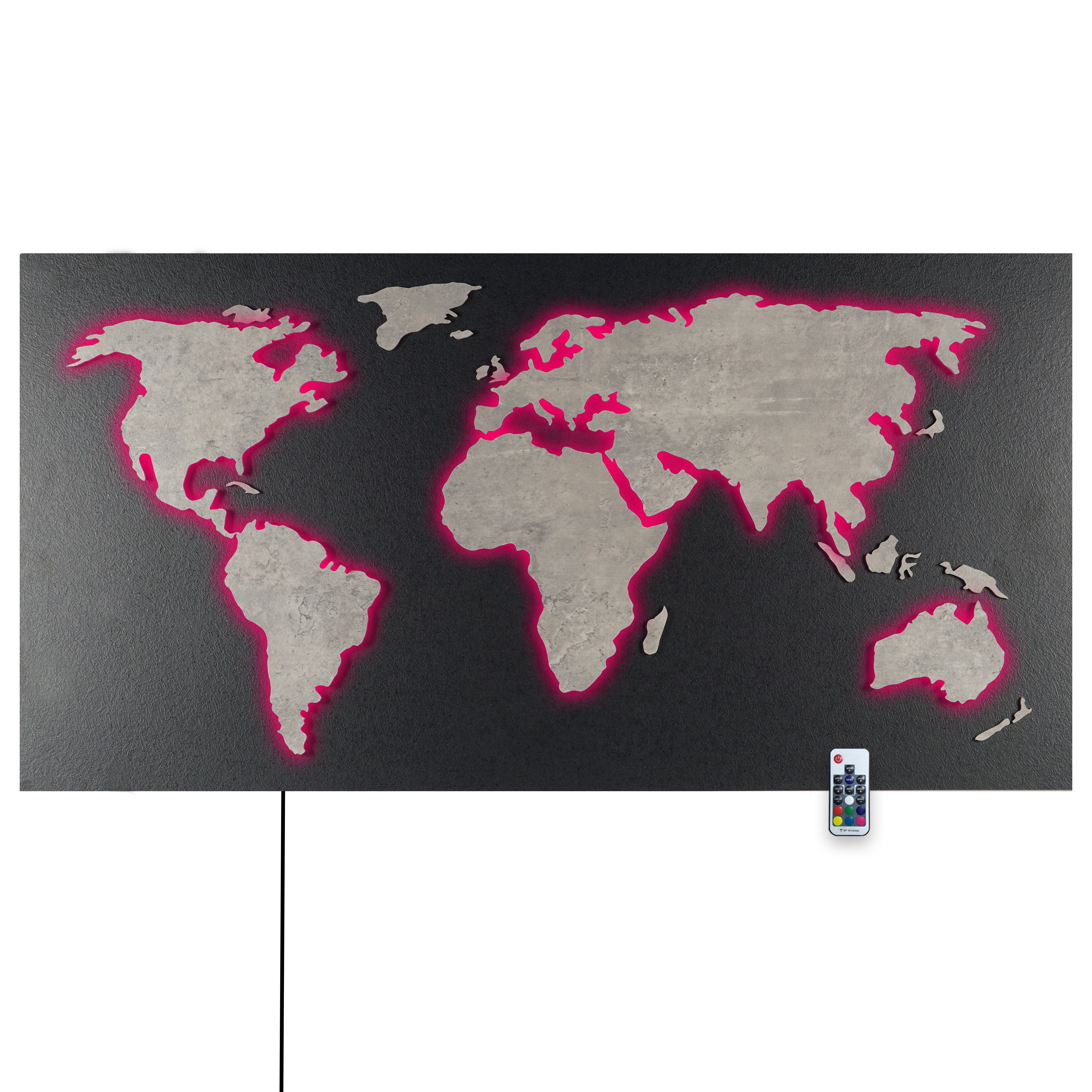 Designer Weltkarte Objekt ZENLED bunt Fernbedienung - Länder LEDs Kontinente 110x57cm Rückplatte 3D-Effekt, umleuchtet Beton-Grau RGB Wanddekoobjekt mit MAPPA über LUX STEIN-Optik Granit-Schwarz, steuerbaren