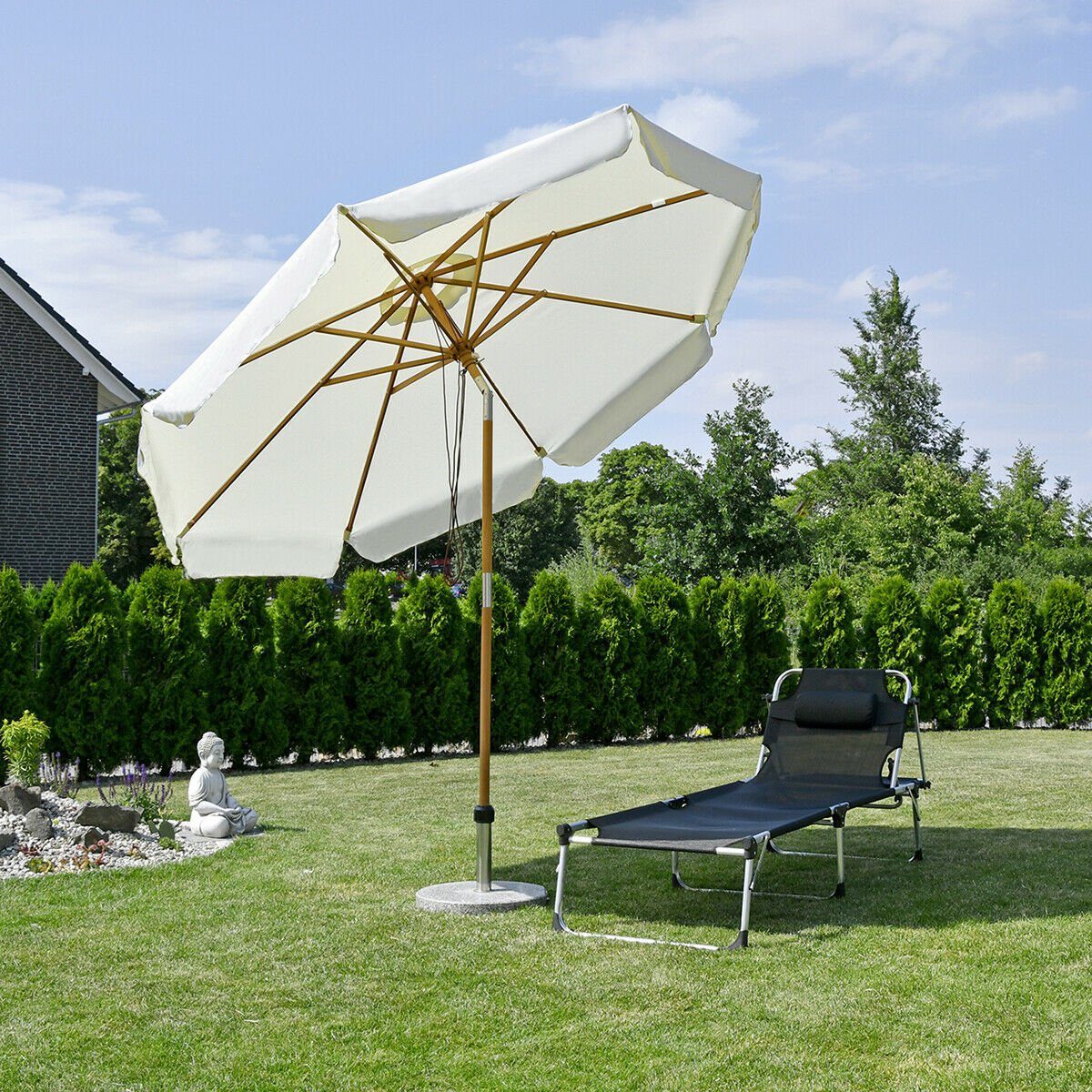 Sekey Sonnenschirm Ø 300 cm Sonnenschirm Holz Gartenschirm Knickbar, Sonnenschutz UPF 50+, LxB: 300,00x300,00 cm, Runder Terrassenschirm mit Volant