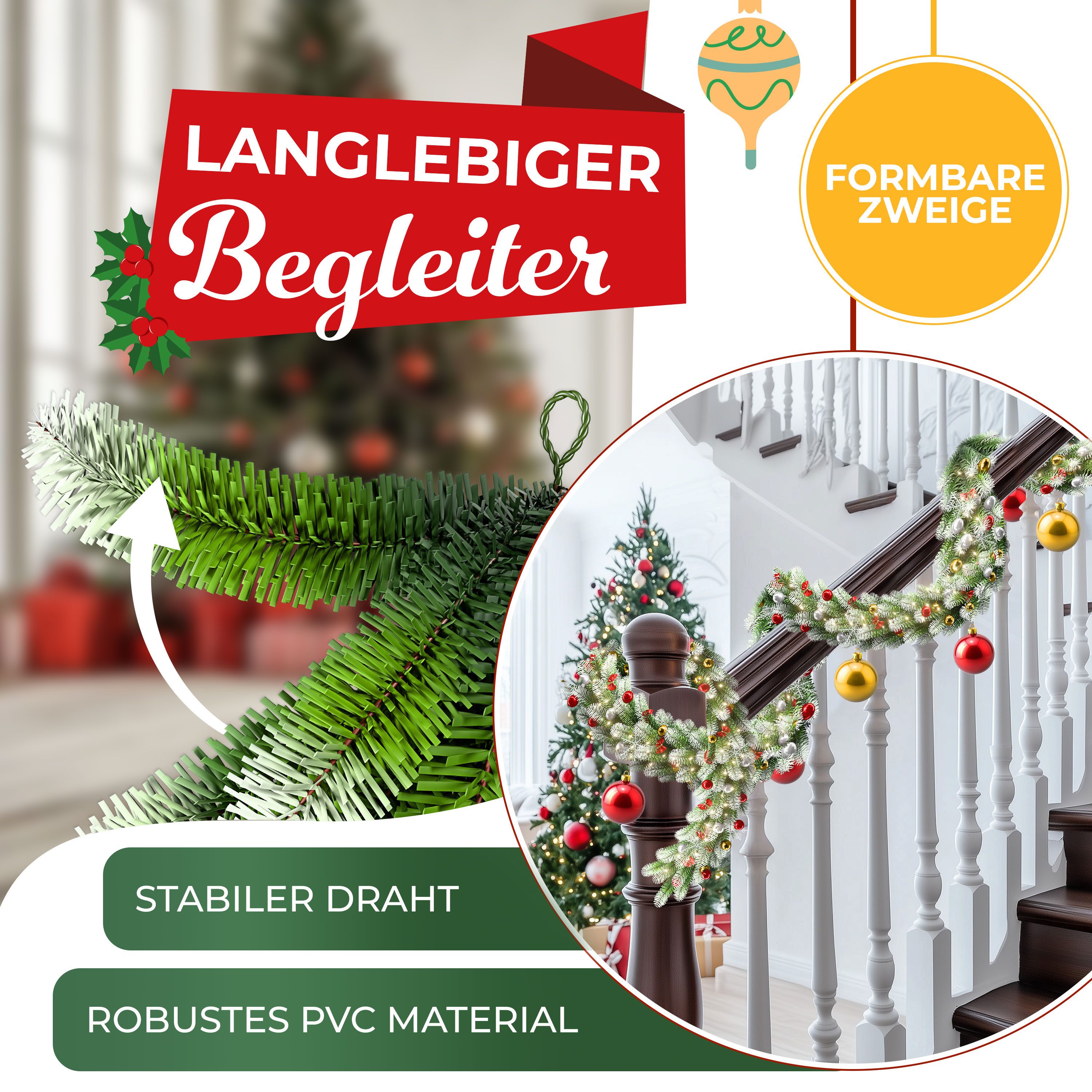 Kunstgirlande Weihnachtsgirlande LED Girlande 5m inkl. Deko-Schmuck & Fernbedienung, KESSER, Weihnachtsdeko, Tannengirlande mit LED-Beleuchtung, In & Outdoor – Bild 4 von 5