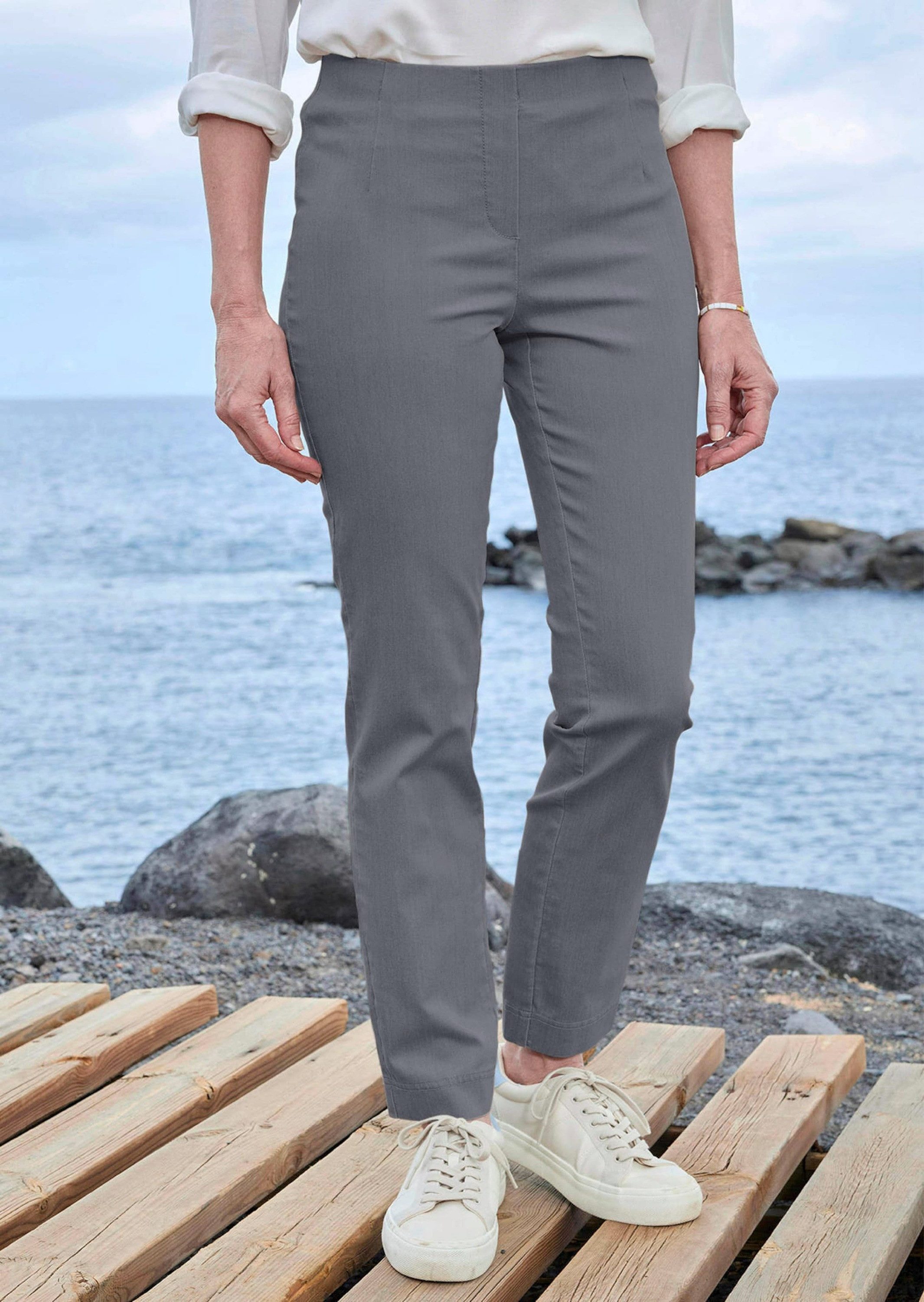GOLDNER Stoffhose Jerseyhose mit Schlupfbund Stoffhose mit Reißverschluss-Optik und Knöchellänge