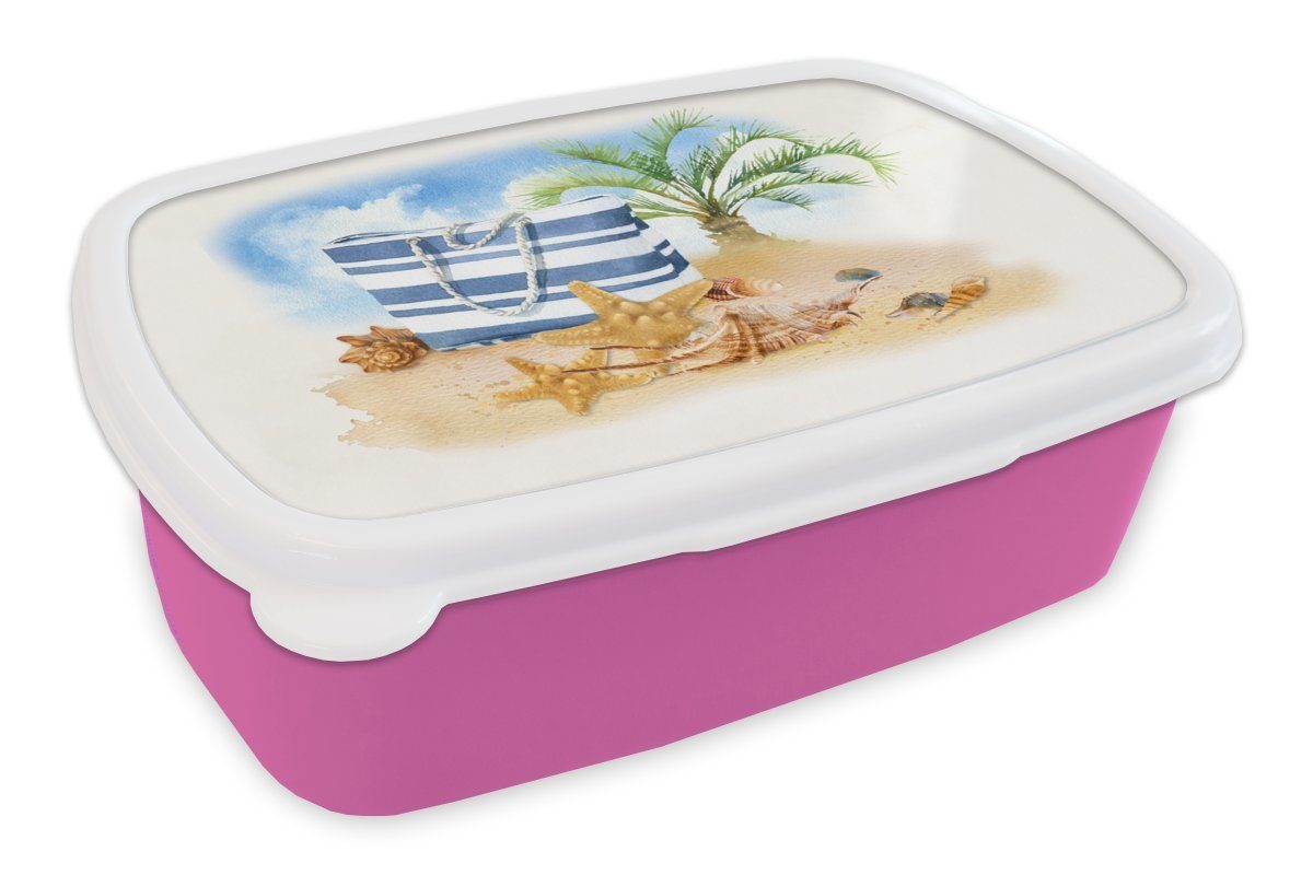 MuchoWow Lunchbox Palme - Tasche - Muscheln, Kunststoff, (2-tlg), Brotbox für Erwachsene, Brotdose Kinder, Snackbox, Mädchen, Kunststoff rosa