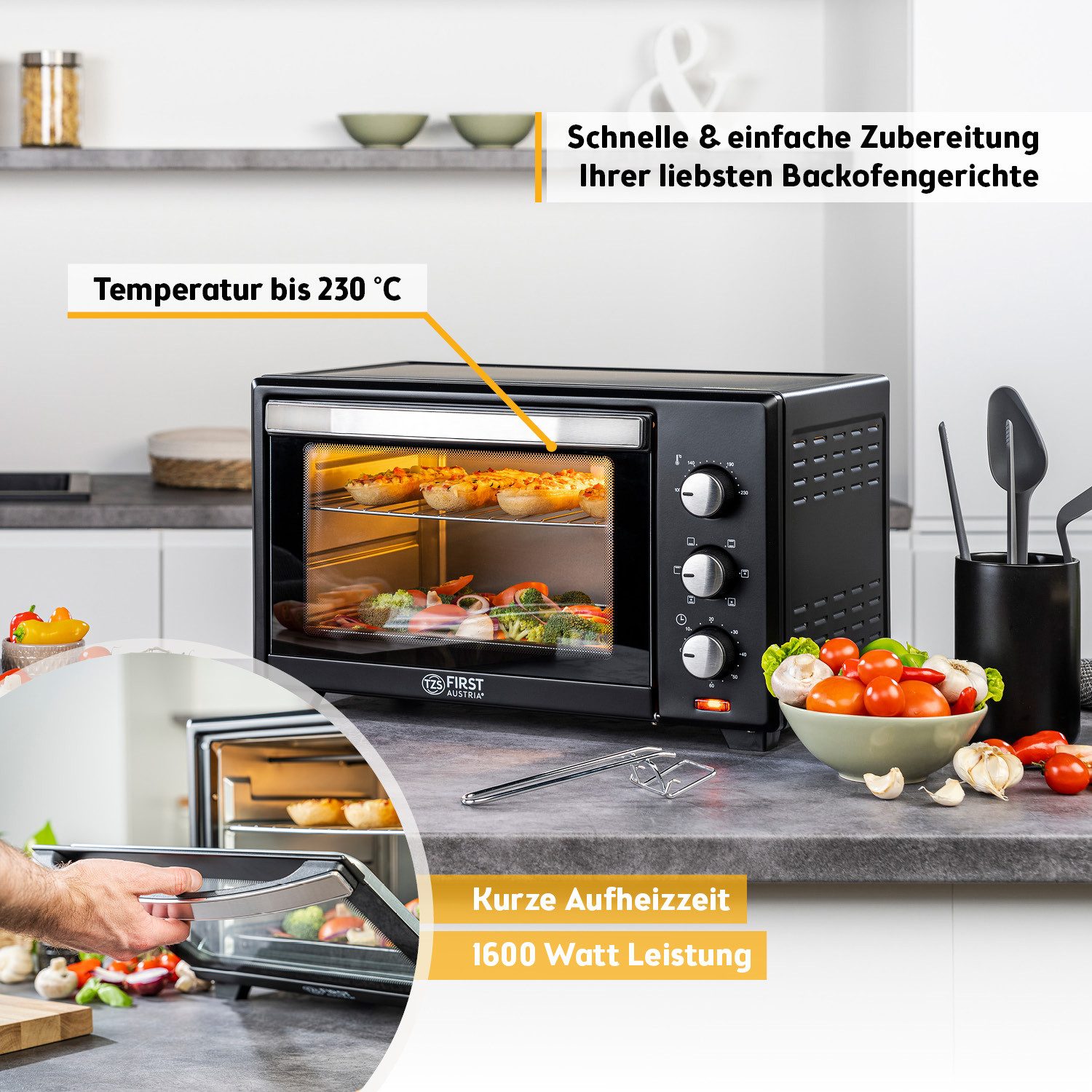 TZS FIRST AUSTRIA Minibackofen 30L 1600W, stufenlose Temperaturregelung bis 230°C, 60 Min Timer, 3 Einschubhöhen, Doppelglastür, Umluftfunktion