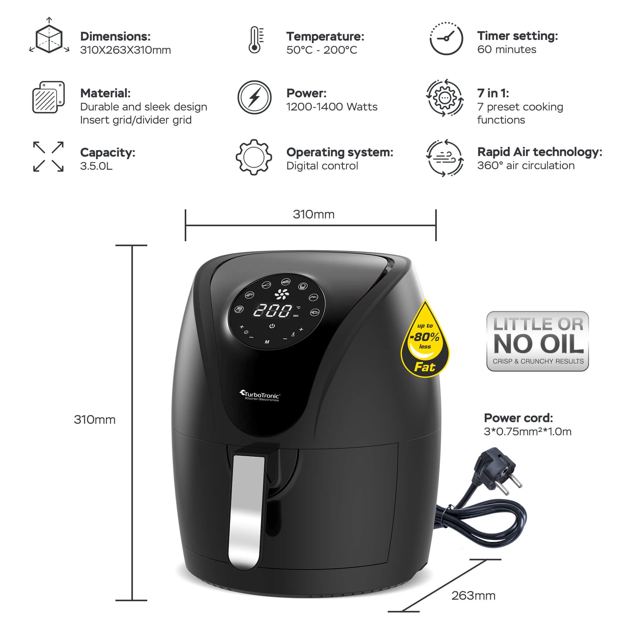 TurboTronic by Z-Line Heißluftfritteuse Airfryer Fritteuse Fettfrei ohne Öl 50°C - 200°C Power perfekte Pommes, 1200 W, Camping Retro digital Air Fryer Heissluftfritteuse