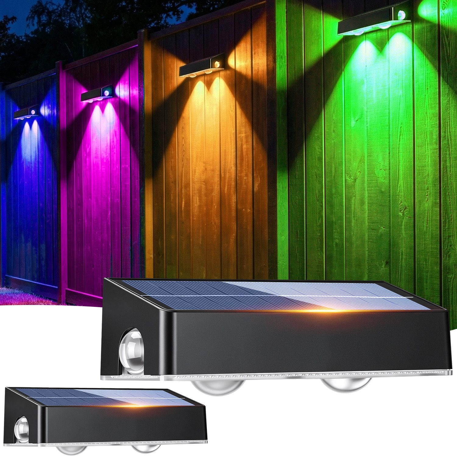 oyajia Außen-Wandleuchte 4 Stück Solarlampe für Außen, LED Solarleuchte Außen Wandlampe Up Down, LED fest integriert, Kaltweiß, Warmweiß, RGB, RGB LED Solarleuchte für Veranda, Garten, Terrasse, Zaun, Wand, Balkon
