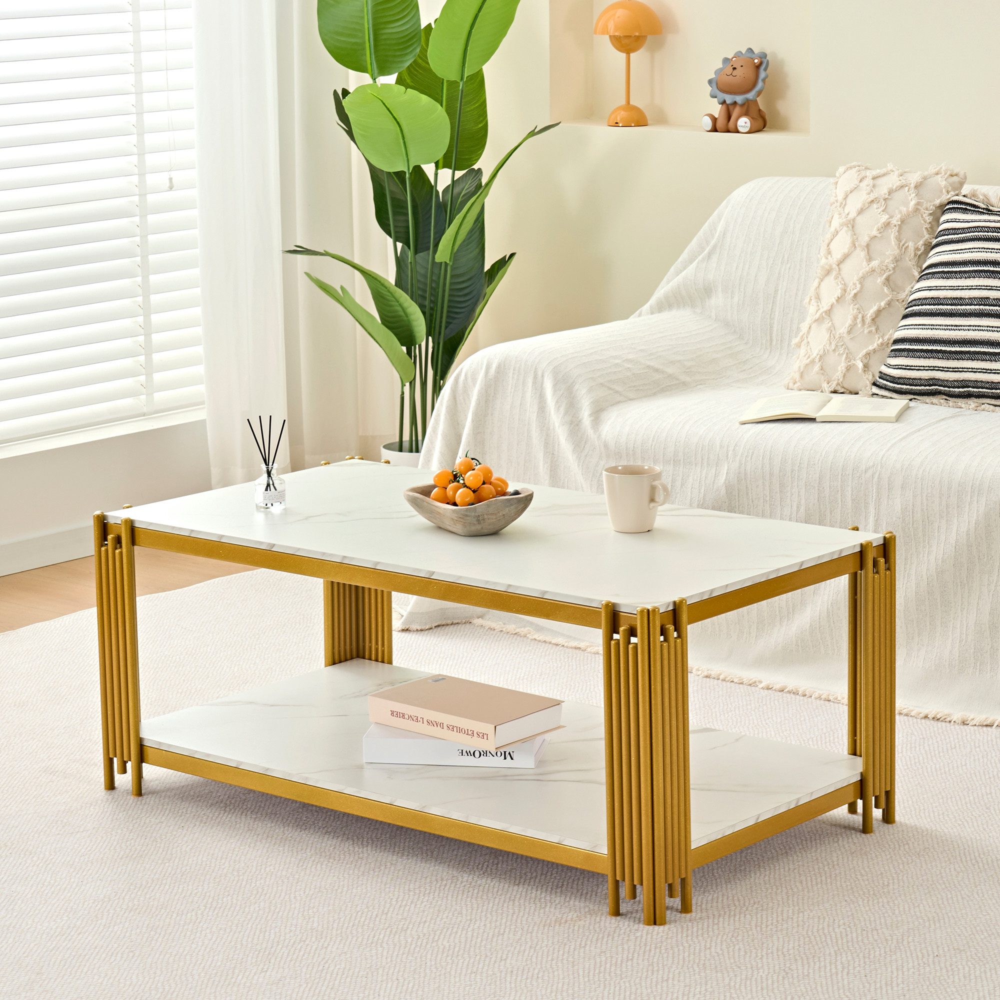 Fine Life Pro Couchtisch Rechteckiger Couchtisch, Marmoroptik-Platte, Metallbeine, weiß-gold, H46xB114xT64 cm, modernes Wohnzimmermöbel, elegantes Design