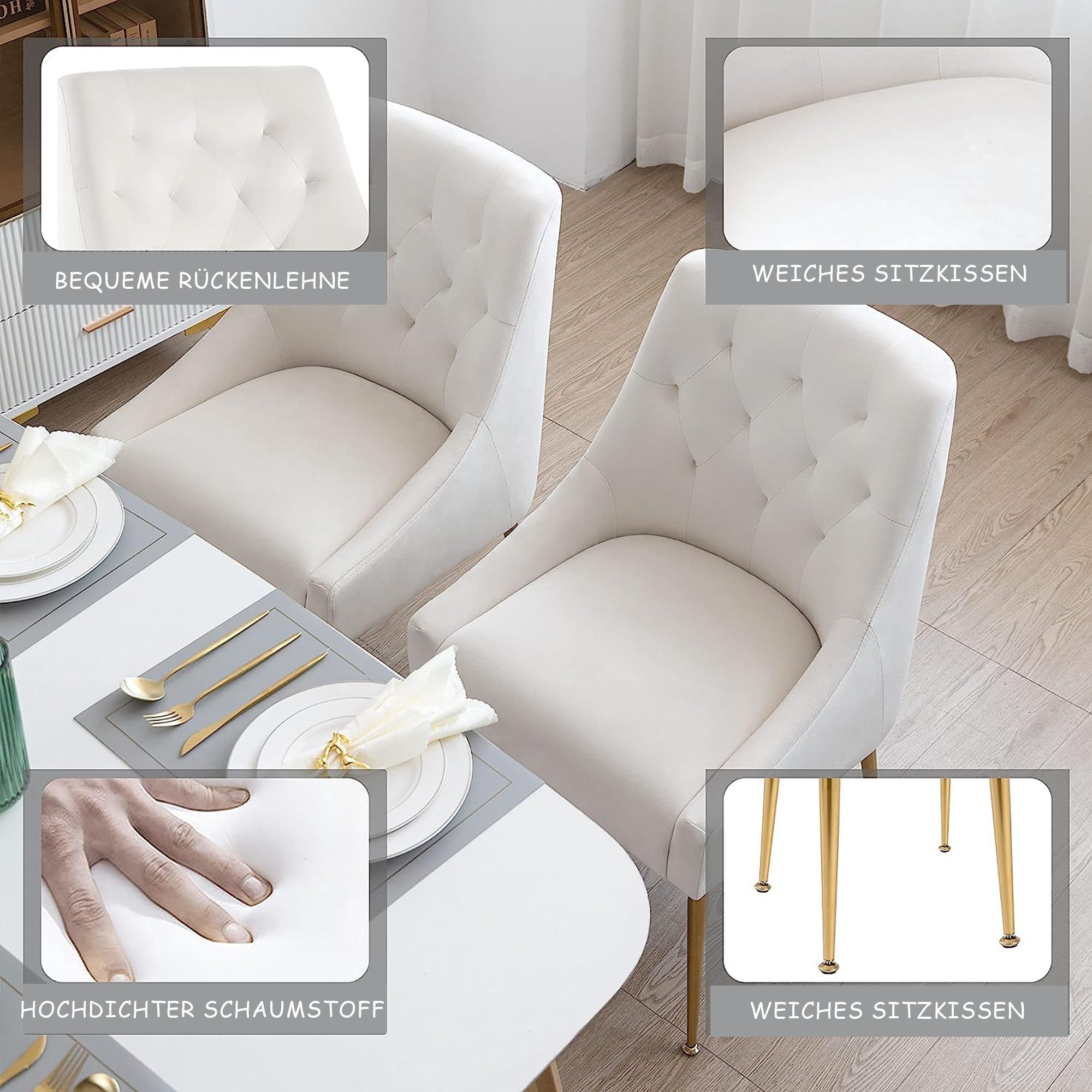 AISALL Esszimmerstuhl Luxuriöser Samt-Wohnzimmstuhl, Küchenstuhl, Polsterstuhl (2 St), mit ergonomischer Rückenlehne und Metallbeinen – Bild 4 von 5