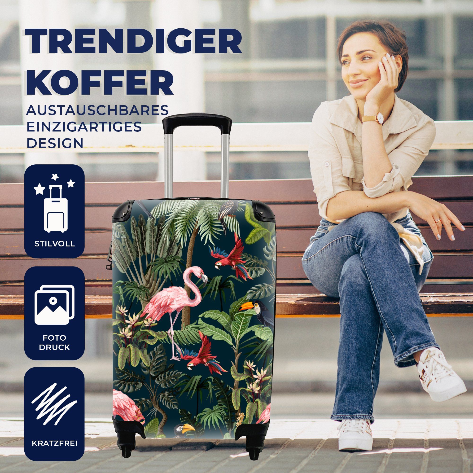 Reisekoffer Rollen, Flamingo Kinder Handgepäck - Handgepäckkoffer Muster Ferien, - MuchoWow Jungtiere rollen, - für - Kinder, 4 Reisetasche Trolley, mit - Papagei