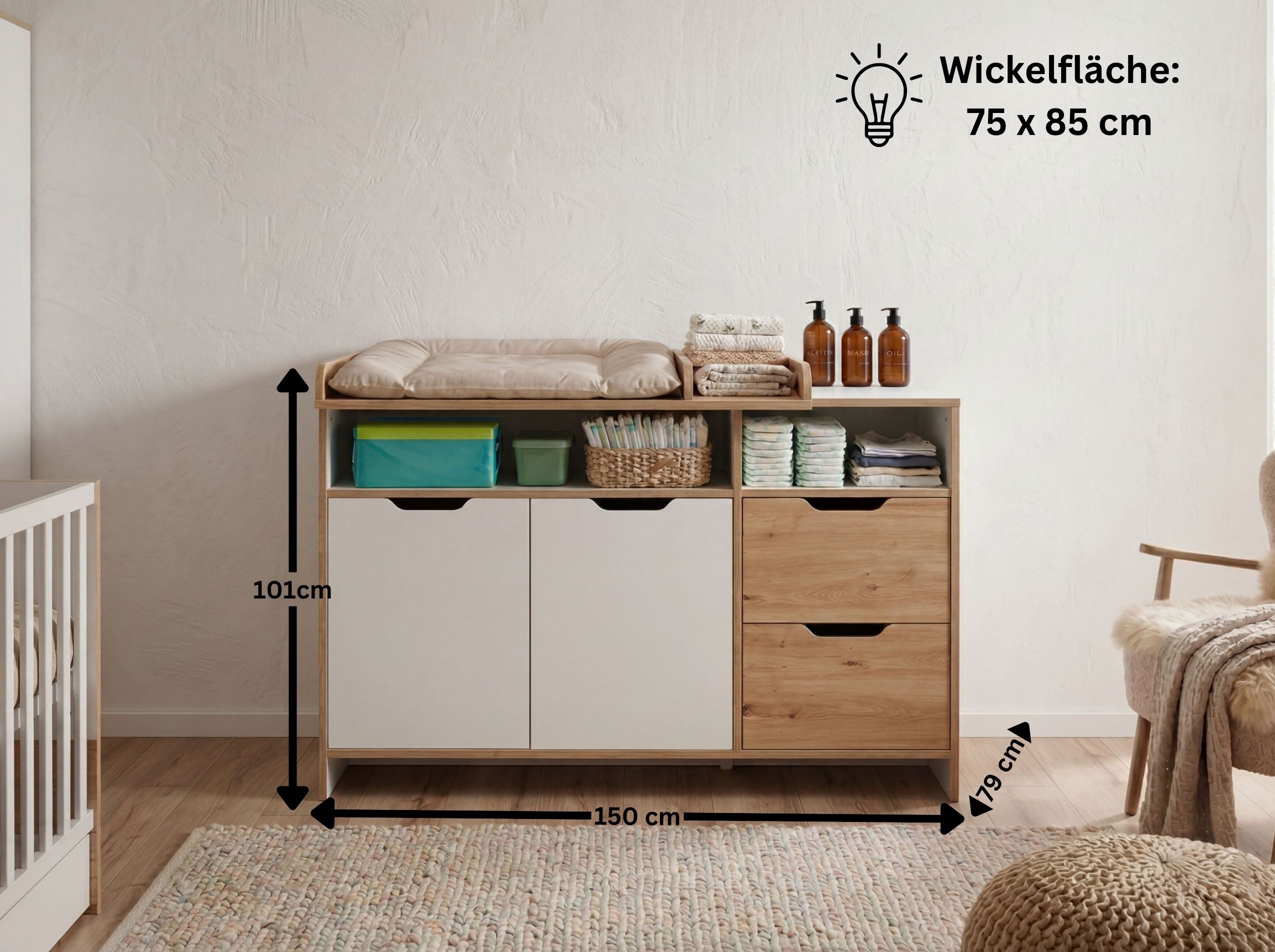 arthur berndt Babyzimmer-Komplettset Maxim, (Spar-Set, 2-tlg., Wickelkommode und Kinderbett), Bett+Wickelkommode, Soft-Close und höhenverstellbar, mitwachsend