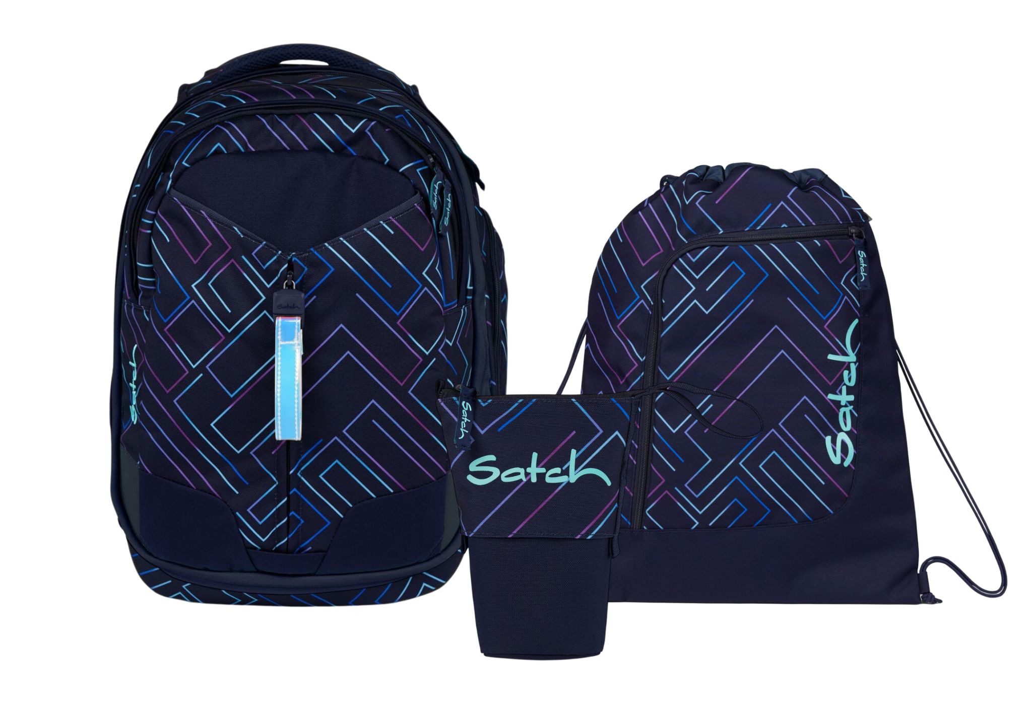 Satch Schulranzen Schulrucksack-Set MATCH Purple Laser 3-teilig (3-teilig), Schulranzen, ergonomisch, 30 + 5 Liter