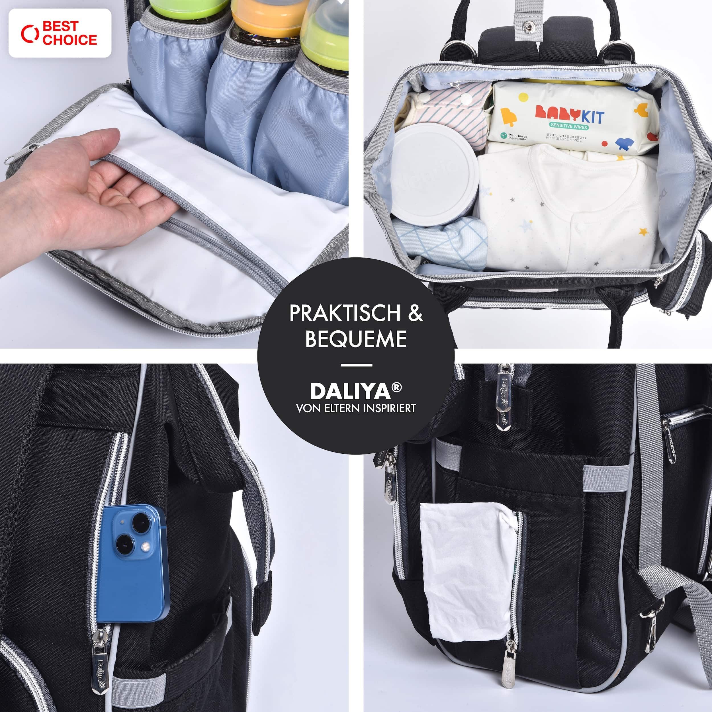 Daliya® Wickeltasche PAKMI Wickelrucksack, Kinderwagentaschen, Mamabag (Set, 5-tlg., Befestigungsriemen), Thermofächer, Schnuller Aufbewahrung, Wickelunterlage, hochwertig