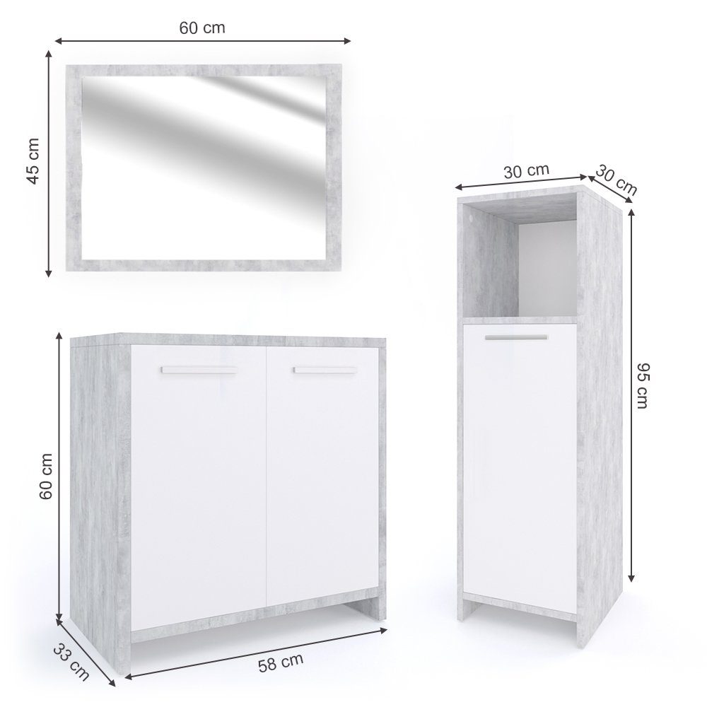 Set) Vicco (3er-Set, Beton Badmöbel-Set 2, KIKO 3-er Badezimmerset 3-St., Set
