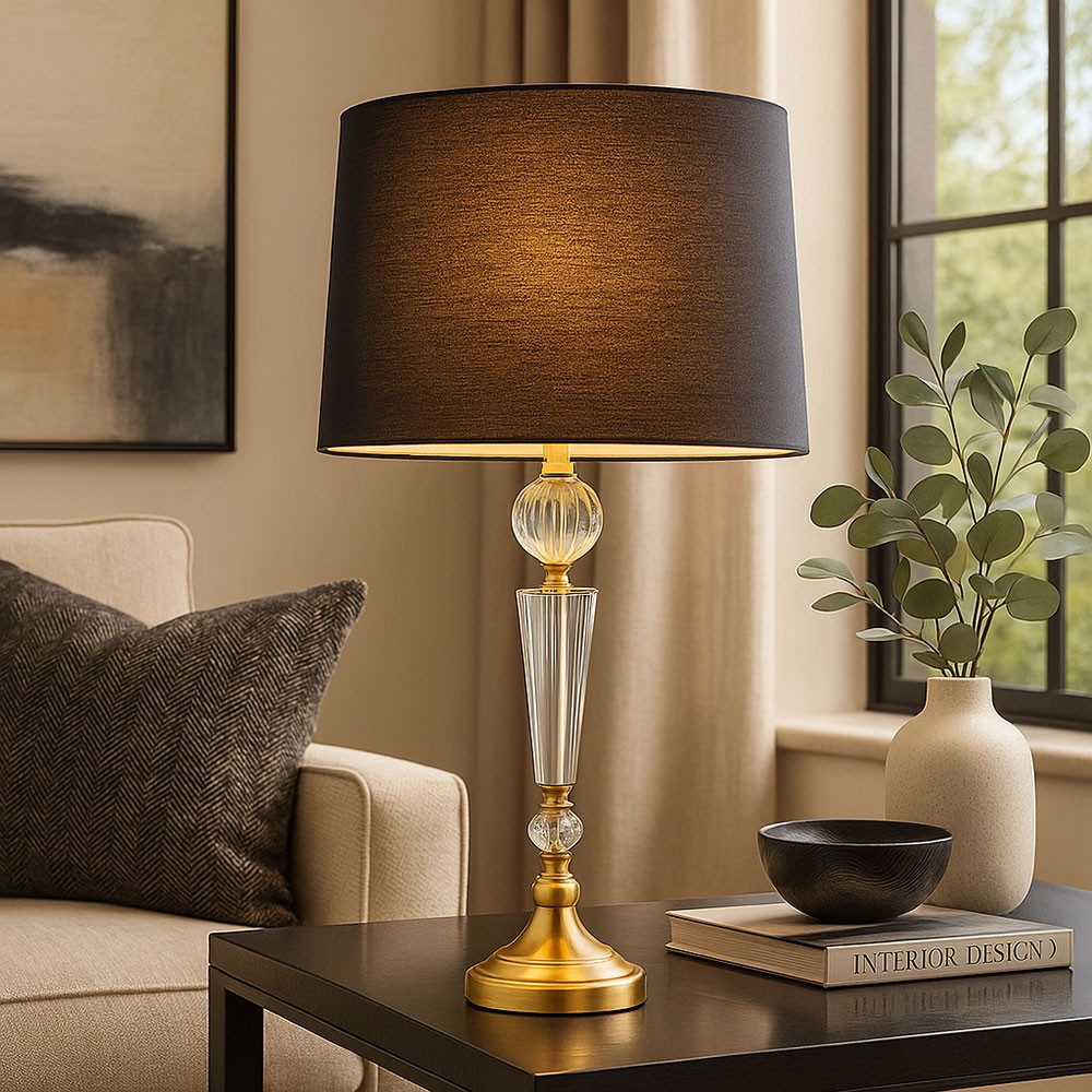 GLOBO LIGHTING Schreibtischlampe, Leuchtmittel inklusive, Warmweiß, Tischleuchte Leselampe Nachttischlampe Textil schwarz Kristalle