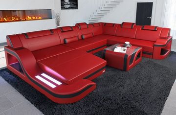 Sofa Dreams Wohnlandschaft XXL Ledersofa Palermo U Form Mini, Designersofa, Couch mit LED Licht und USB Anschluss