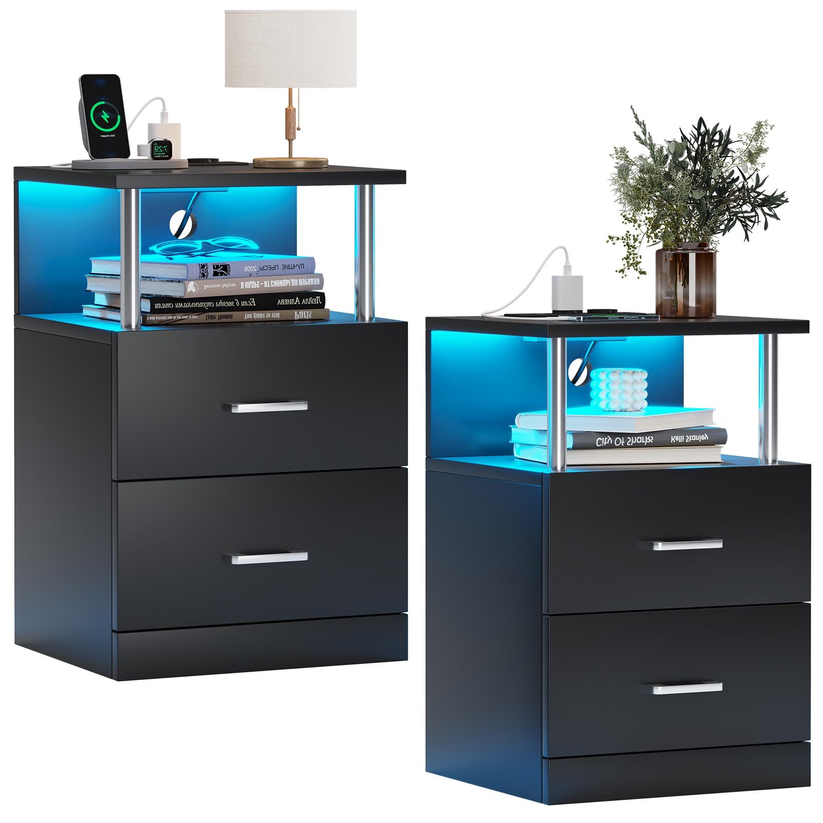 MSMASK Nachttisch Moderner Beistelltisch mit LED-Leuchten und 2 Schubladen günstig online kaufen