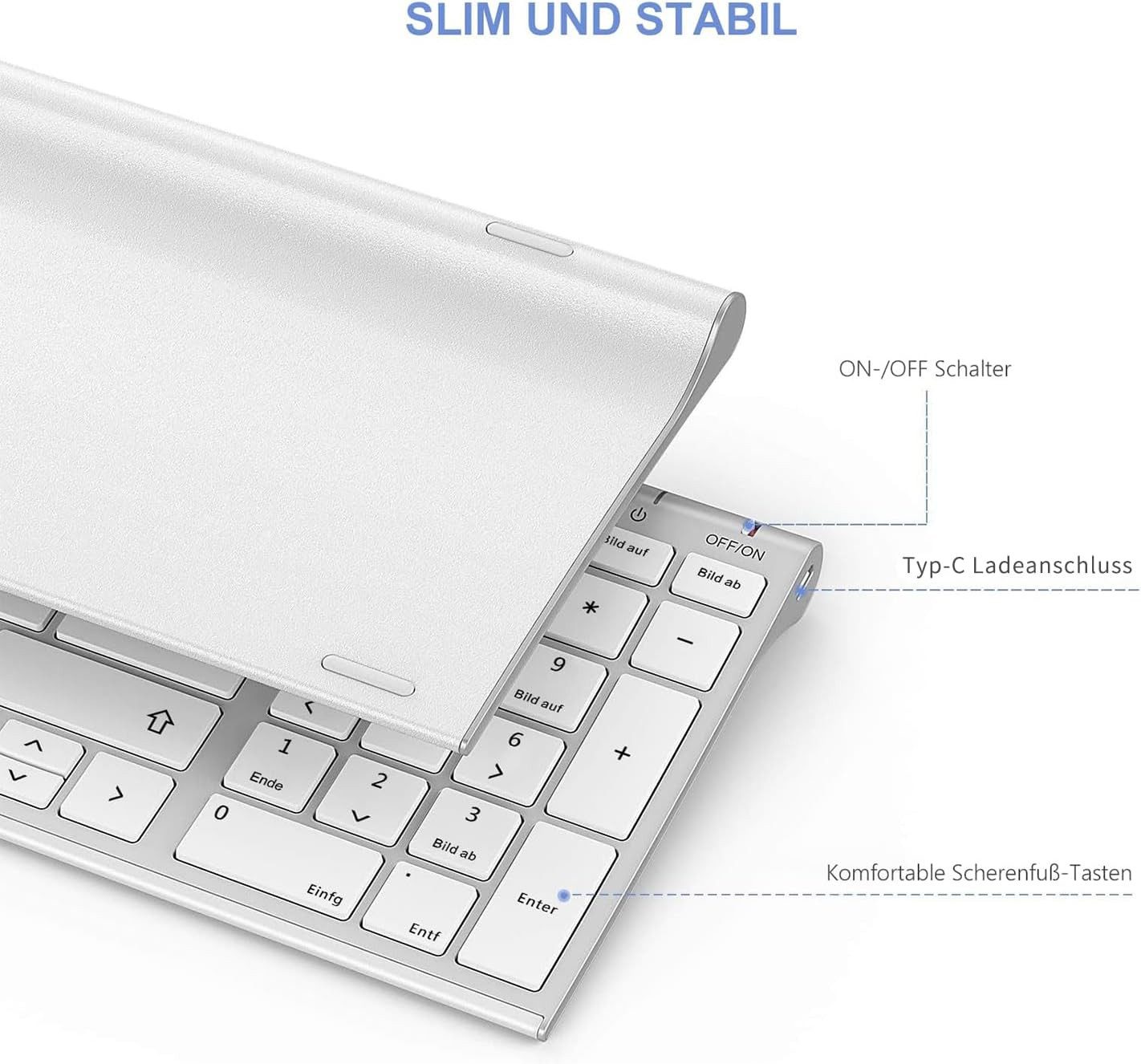 Seenda Tastatur Maus Set Kabellos Wiederaufladbare kleine Funktastatur Tastatur- und Maus-Set, (Leises Klicken & QWERTZ Layout), Metall Tastatur für PC/Laptop/Smart TV