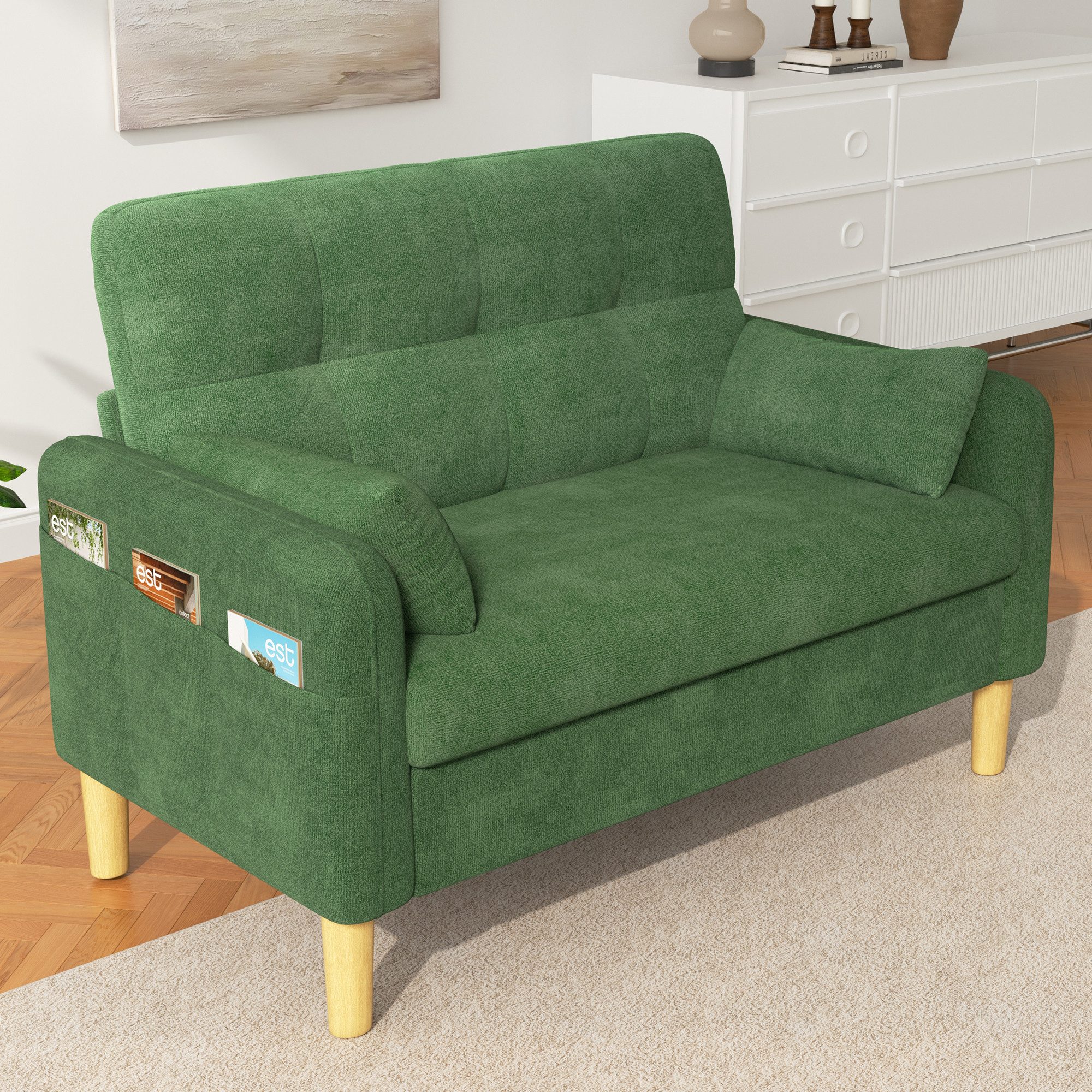 Merax 2-Sitzer mit 2 Kissen, Seitentasche & Chenille-Bezug, 1 Teile, modernes kleines Sofa Couch für Wohnzimmer, Schlafzimmer, Apartment