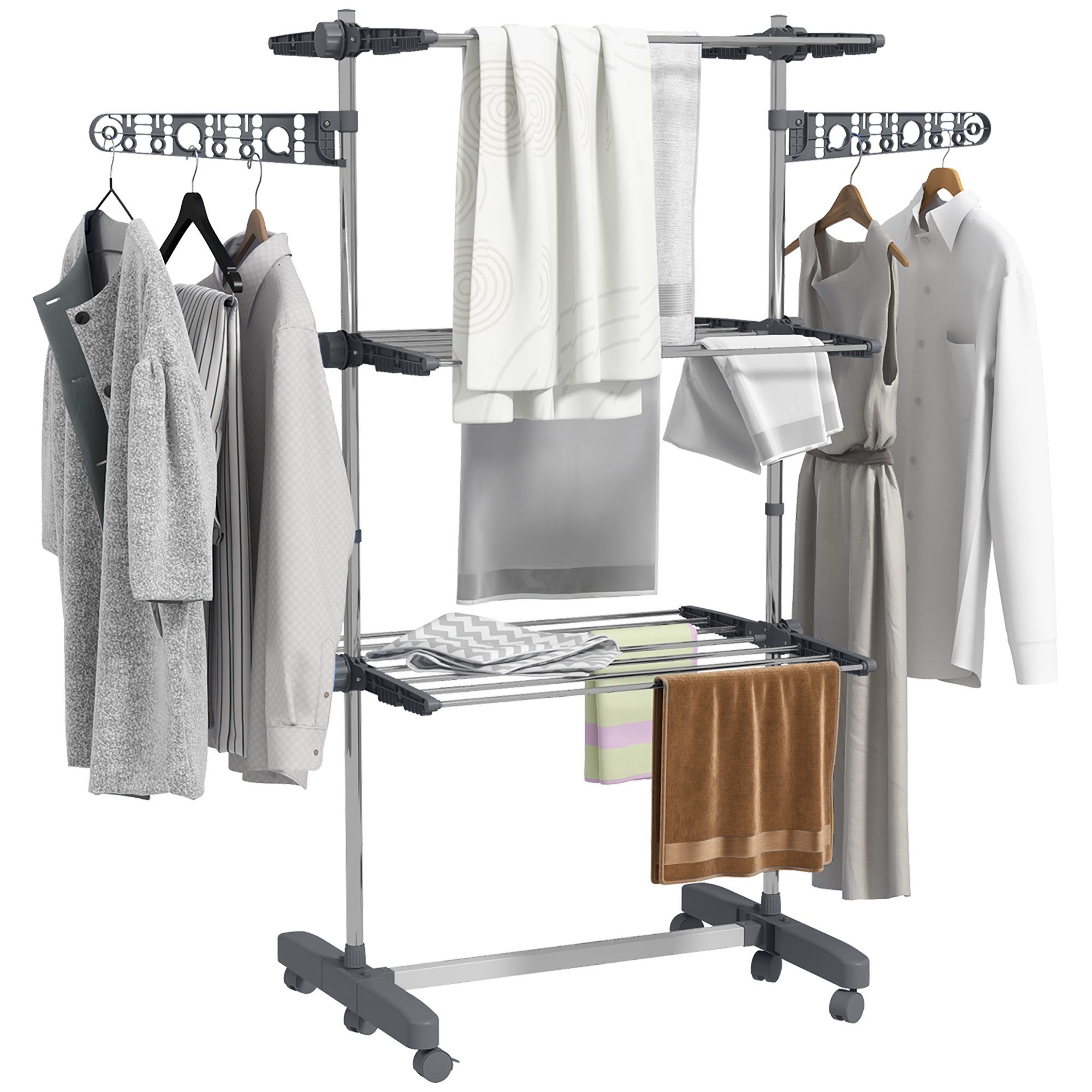 HOMCOM Wäscheständer Turm Standtrockner mit 3 Ebenen, klappbare Flügel, Rollen, für Indoor, Outdoor, Stahl Grau 80,142 x 55 x 152 cm – Bild 2 von 5