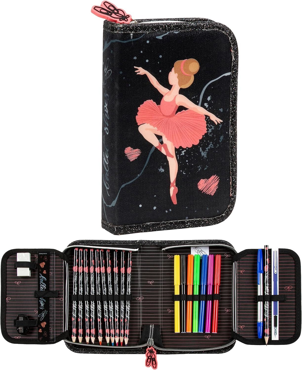 GOLDKIDS Federmäppchen Federmappe Federtasche Ballerina Tänzerin Motiv, (mit Inhalt 22-teilig Buntstifte, 1-tlg., Kugelschreiber Lineal Anspitzer), Fasermaler Radiergummi Etui inkl Hausaufgabenheft