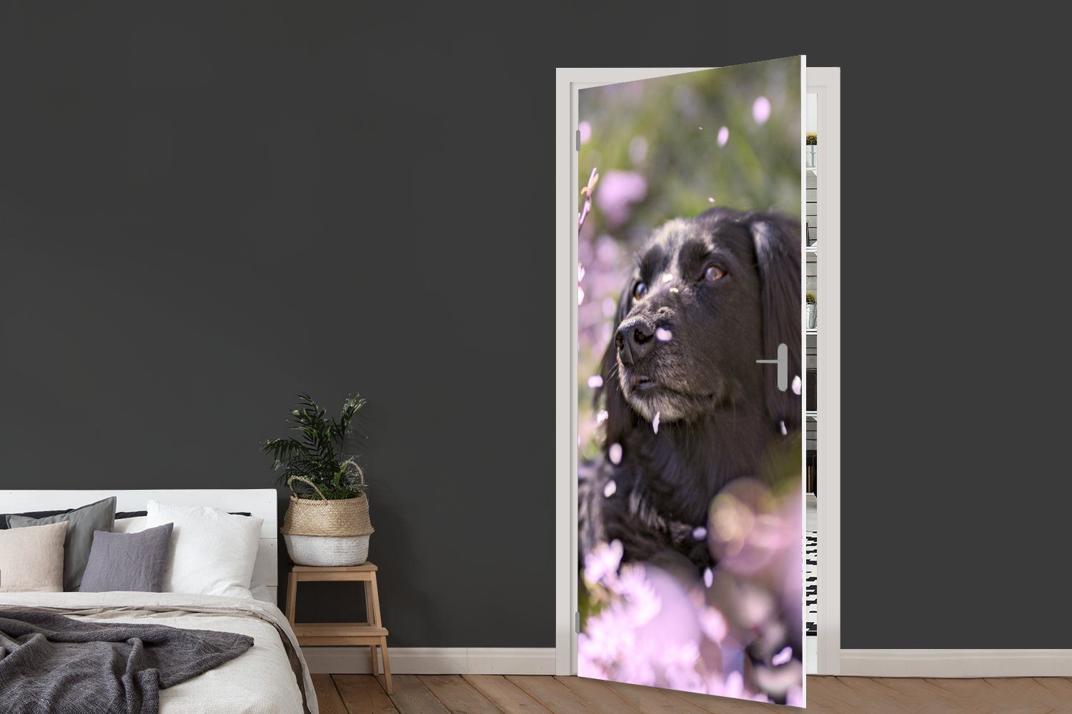MuchoWow Türtapete Hund - Blumen - für Türaufkleber, bedruckt, Matt, Fototapete 75x205 Haustier, (1 St), Tür, cm