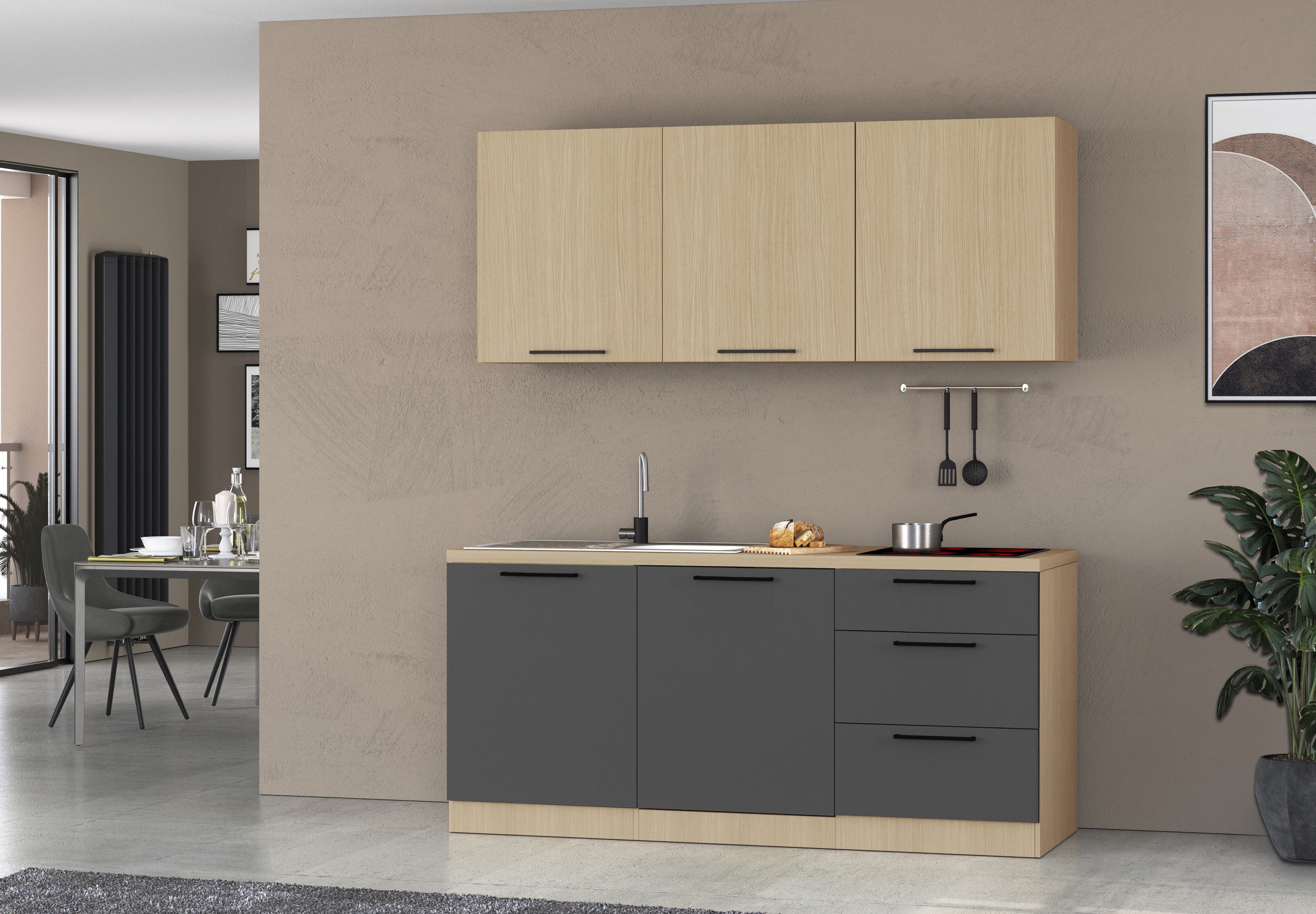 KOCHSTATION Küchenzeile Luna, Küchenzeile mit Spüle + Siphon, ohne E-Geräte, Breite 182 cm,Türen mit Soft-Close Funktion, Metalgriffe,Made in Italy