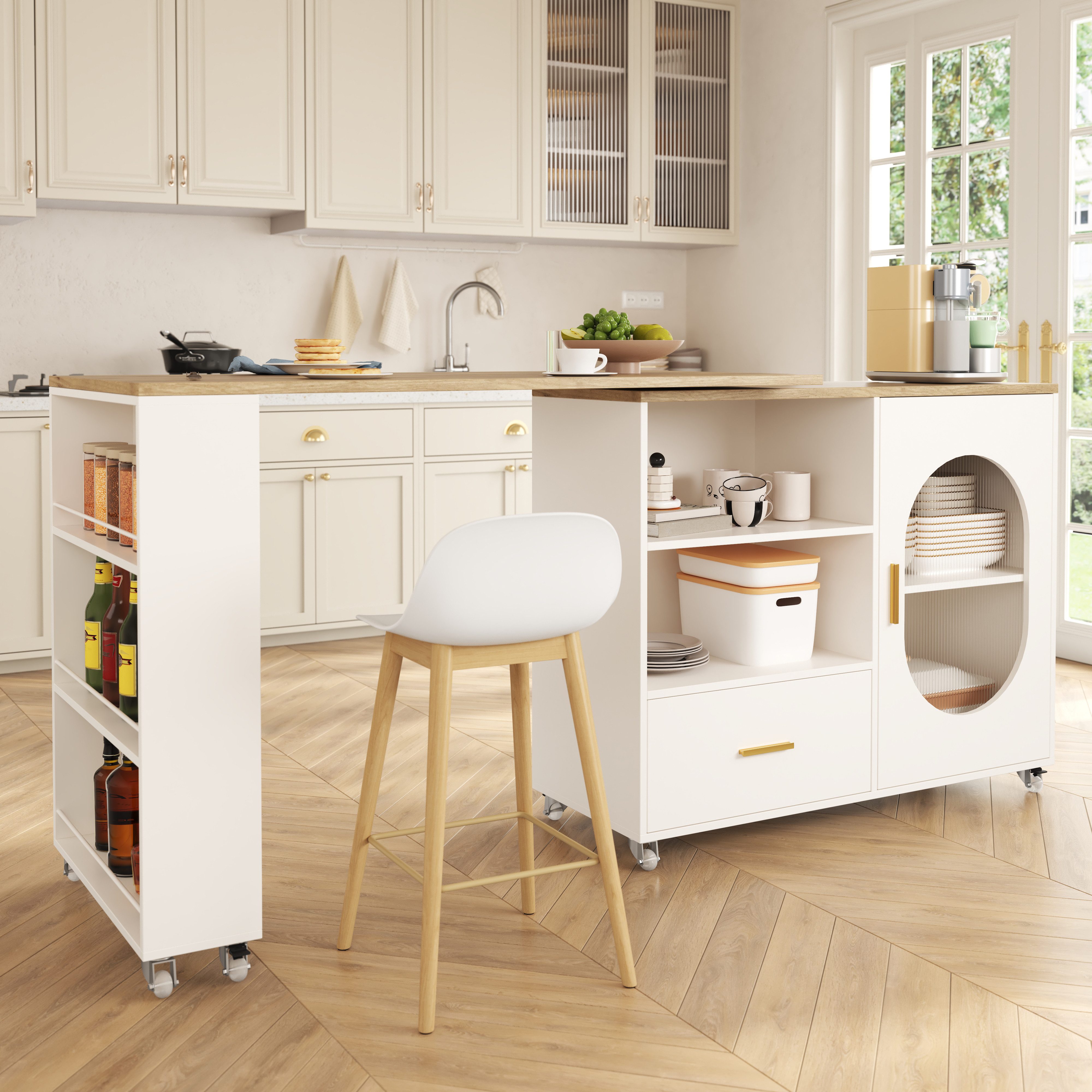 KLAM HOME Kücheninsel Rollbare Kücheninsel mit 360° drehbarer Platte für Küche & Esszimmer, (Küchenwagen mit Stauraum, Schublade und Riffelglastür aus MDF+Metall), Flexibler Bartisch 120–180 × 60 × 90 cm in Natur/Weiß und Schwarz
