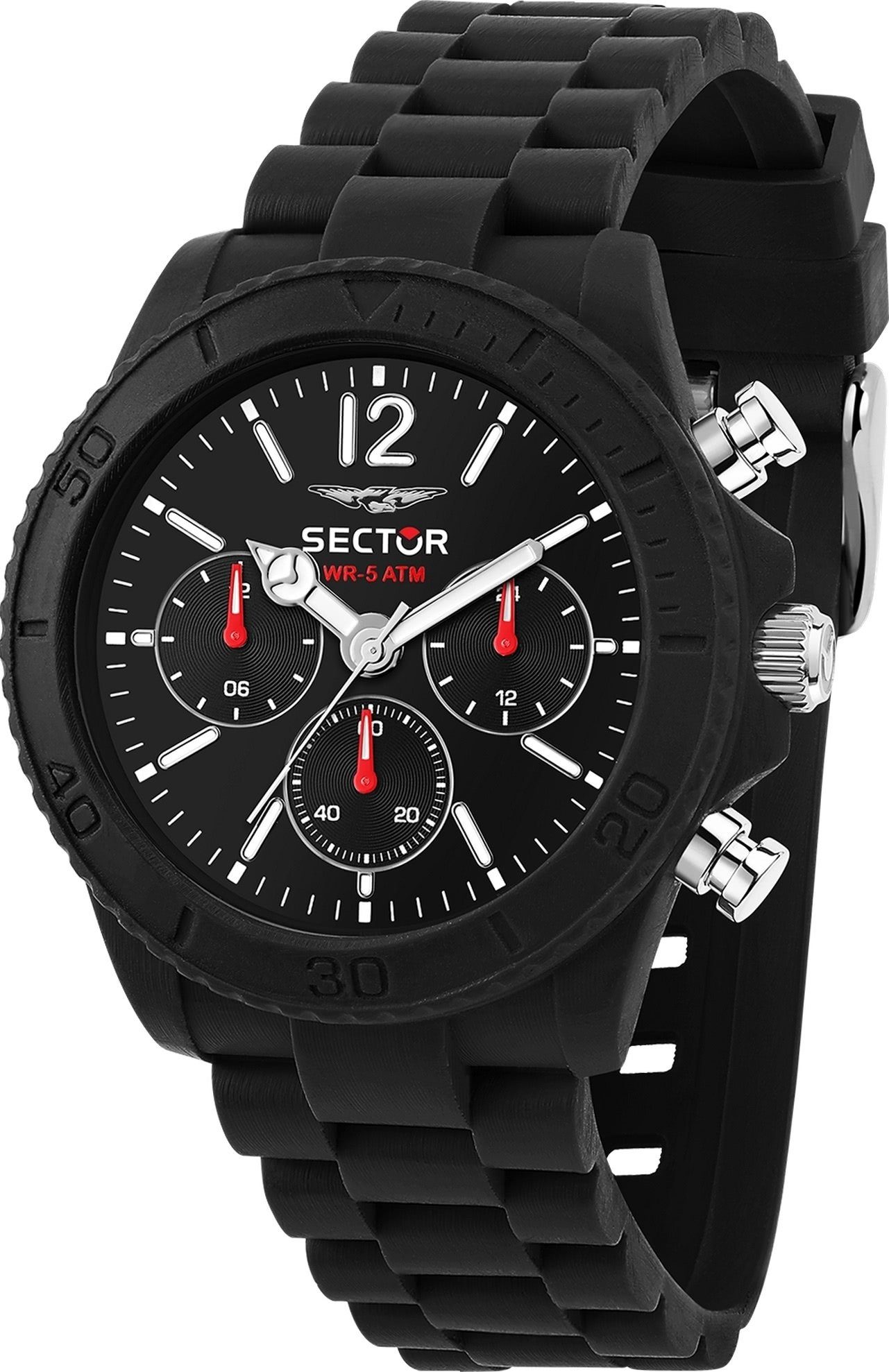 groß Silikonarmband Sector Herren Sector rund, (46mm), schwarz, Herren Armbanduhr Multifunktionsuhr Fashion Multifunktion, Armbanduhr
