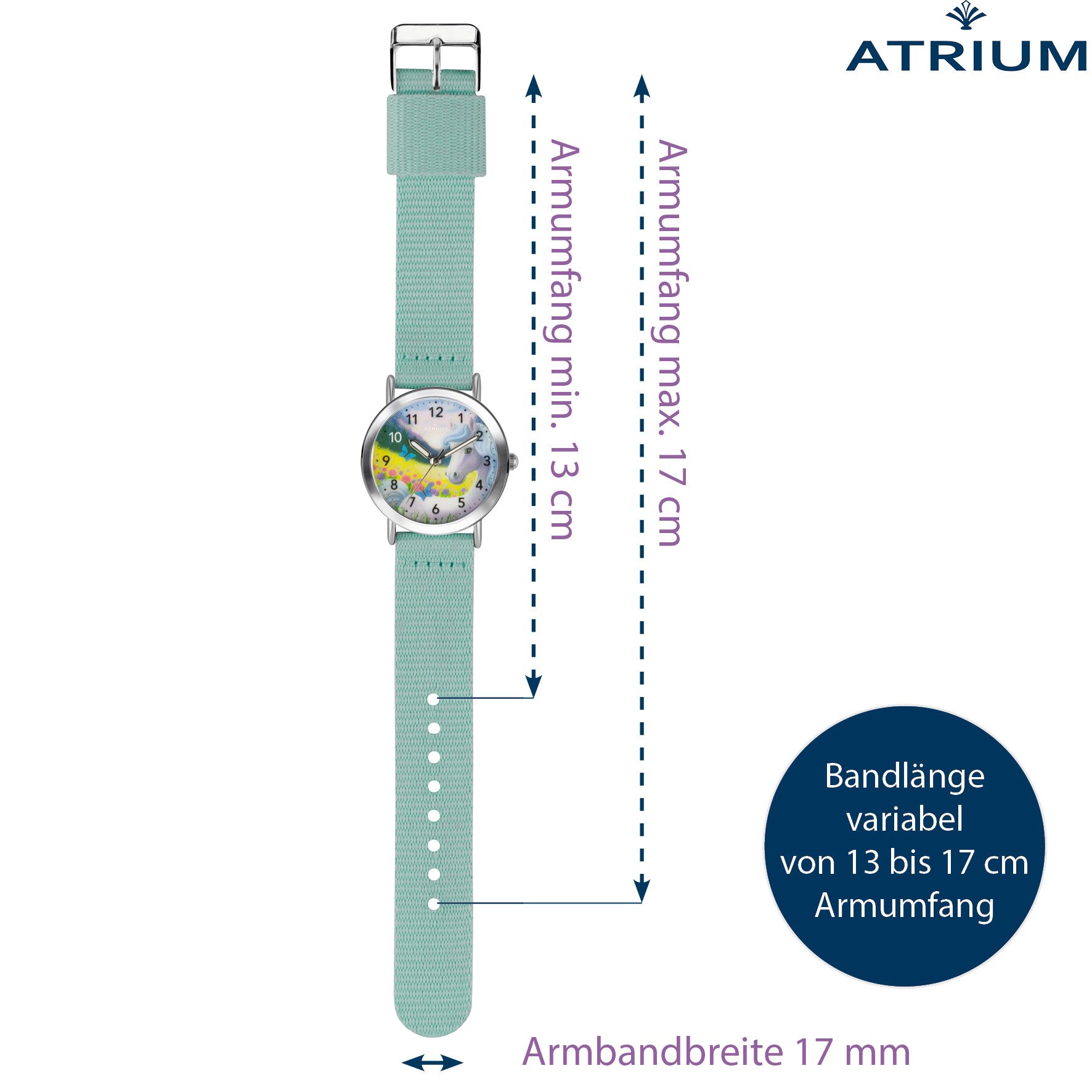 Atrium Quarzuhr A44-13 Siabelle Kinder Armbanduhr Pferd Einhorn mint, analog deutlich Uhrzeit lernen Geschenkidee Einschulung Ø 30mm