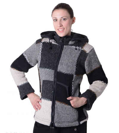 KUNST UND MAGIE Kapuzenstrickjacke Damen Wolljacke Hippie Strick+Fleecefutter und Zipfelkapuze Patchwork