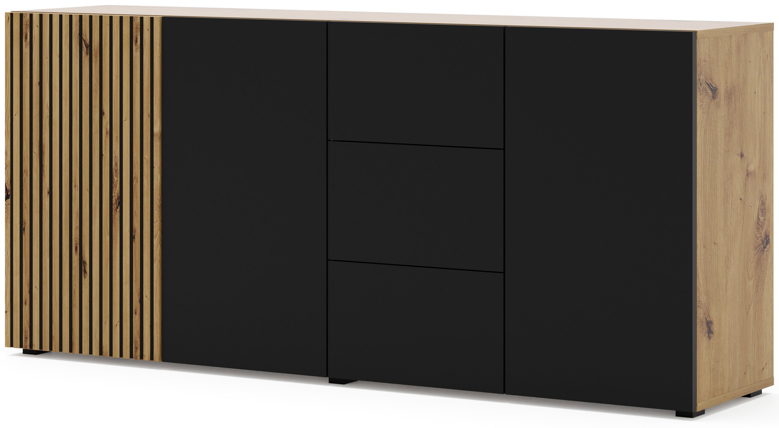 Domando Sideboard Sideboard Isola Rossa M3 in Artisan Eiche und Schwarz Matt, Breite 180cm, tolle Fräsoptik, Push-to-Open-Funktion
