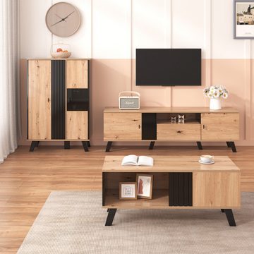 MODFU Lowboard TV-Schrank mit Holz- und Schwarzdesign (Vielfältige Aufbewahrungsfunktionen, einzigartiges Erscheinungsbild), TV-Schrank, mit 2 Türen und 1 Schublade