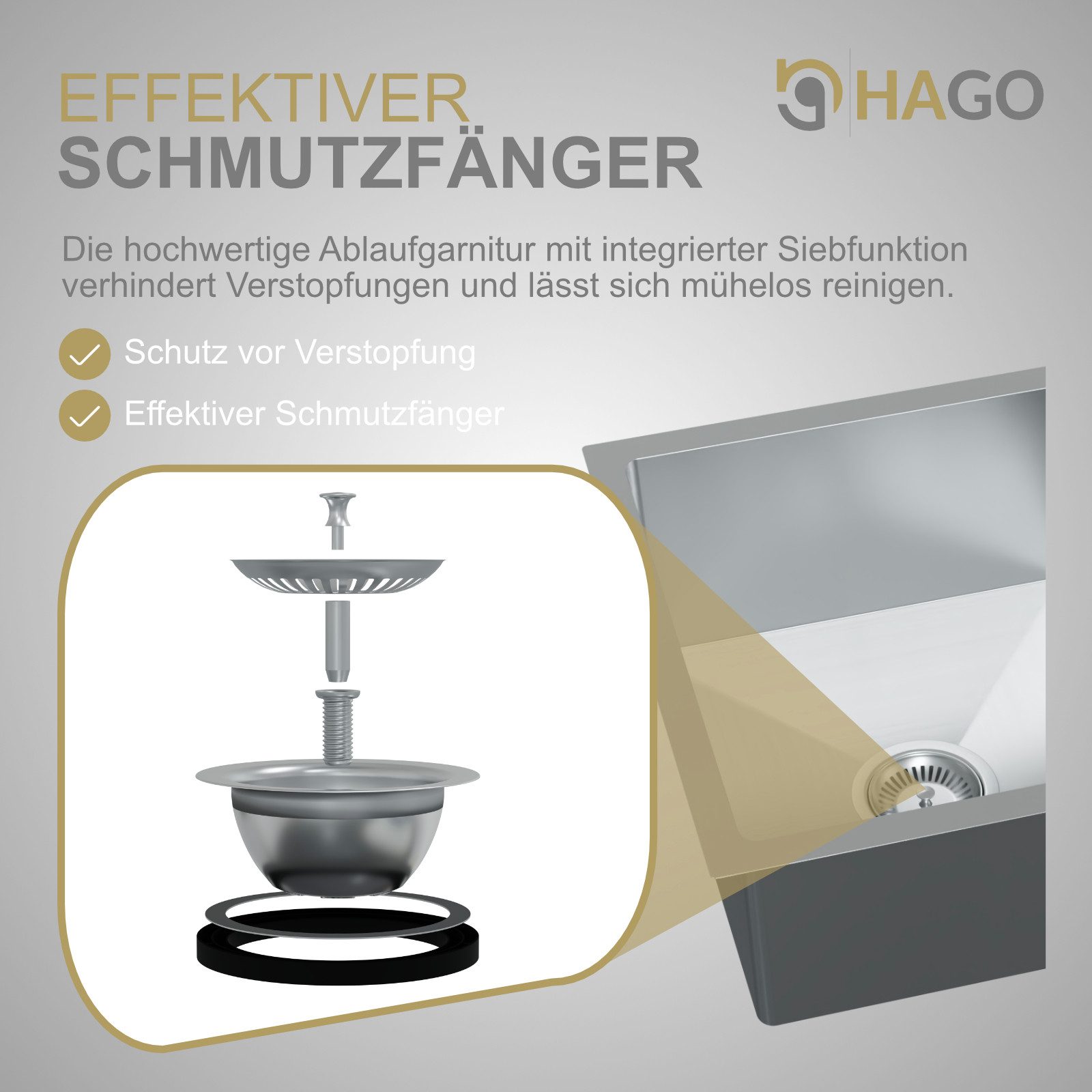 HAGO Edelstahlspüle Einbauspüle Edelstahl Küchenspüle Spülbecken Eckig Ablaufgarnitur Set, Rechteckig, 45/45 cm, (1 St), Schallschutzmatten – Bild 5 von 5