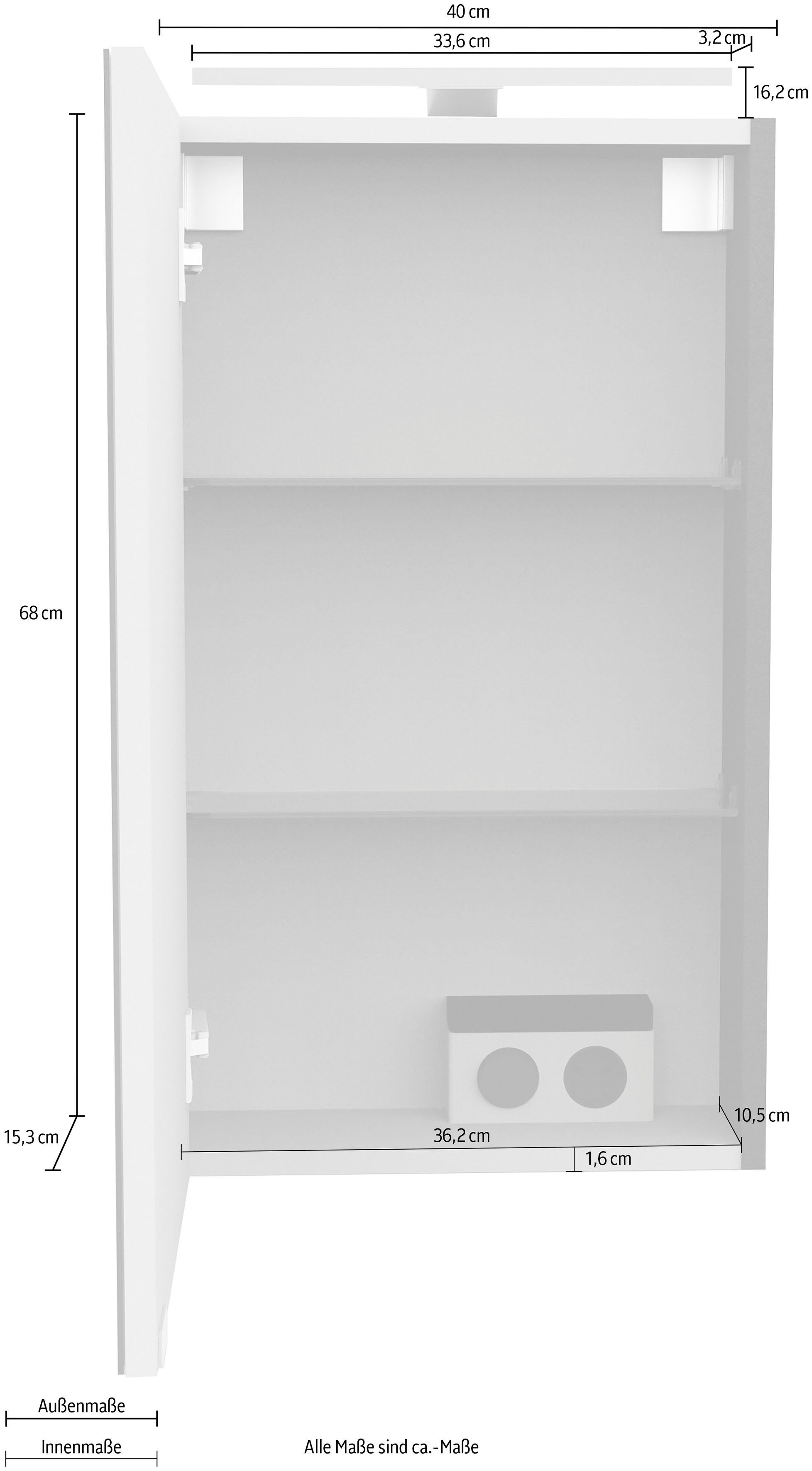 FACKELMANN Spiegelschrank SBC (Spiegelschrank mit das und Anschlag Breite links Steckdose, Schalter für LED-Aufsatzleuchte) Weiß Gästebad, 40cm, matt matt | Weiß