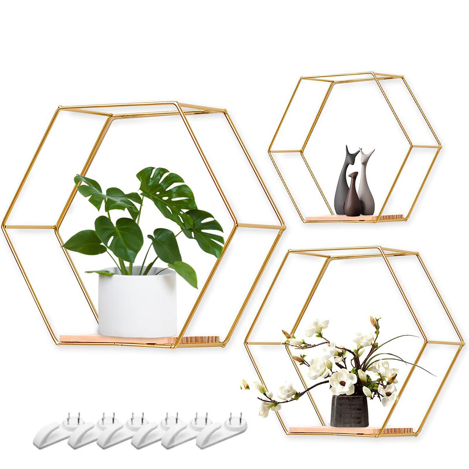 HEYHIPPO Deko-Wandregal Wanddeko Schlafzimmerflur,goldener Metallrahmen,sechseckiges Wandregal, Dekorative Accessoires,Aufbewahrungsregale Zuhause,freie Kombination, Hängendes Pflanzenregal Dreiteiliges Wohnzimmer Dekorative Eisenkunst