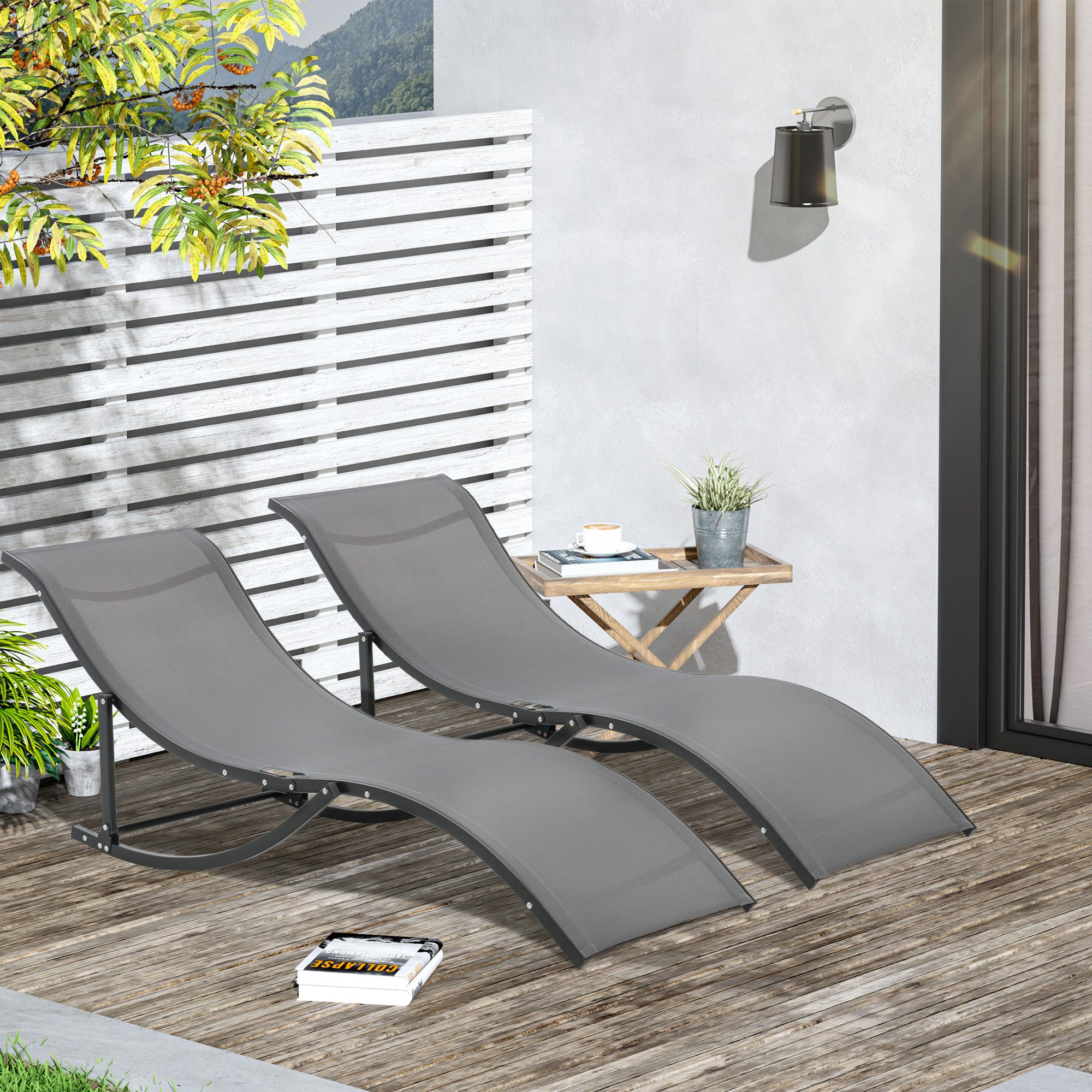Outsunny Gartenliege Sonnenliege Stoffliege ergonomisch Aluminium Texteline Dunkelgrau, Liegestuhl-Set, 2 St., 2er Set Gartenliegen, S-förmiges Design, faltbar, leicht, keine Montage erforderlich