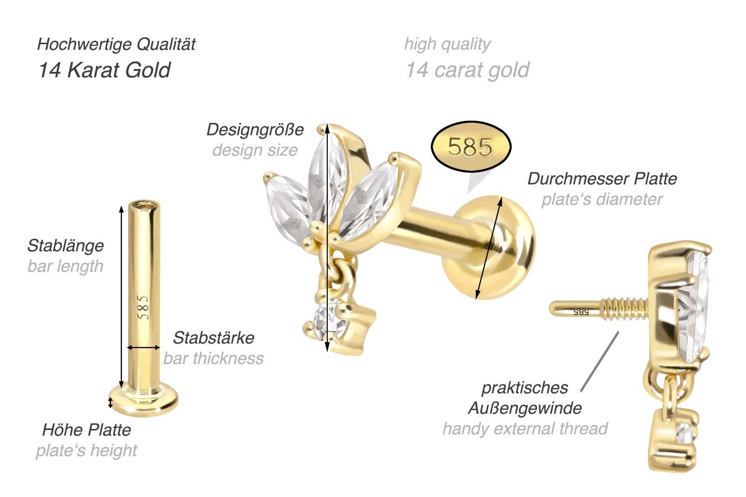 PIERCINGLINE Piercing-Set 14 Karat Gold Labret mit Innengewinde MOISSANIT-LOTUSBLÜTE (Labrets, 1-tlg)