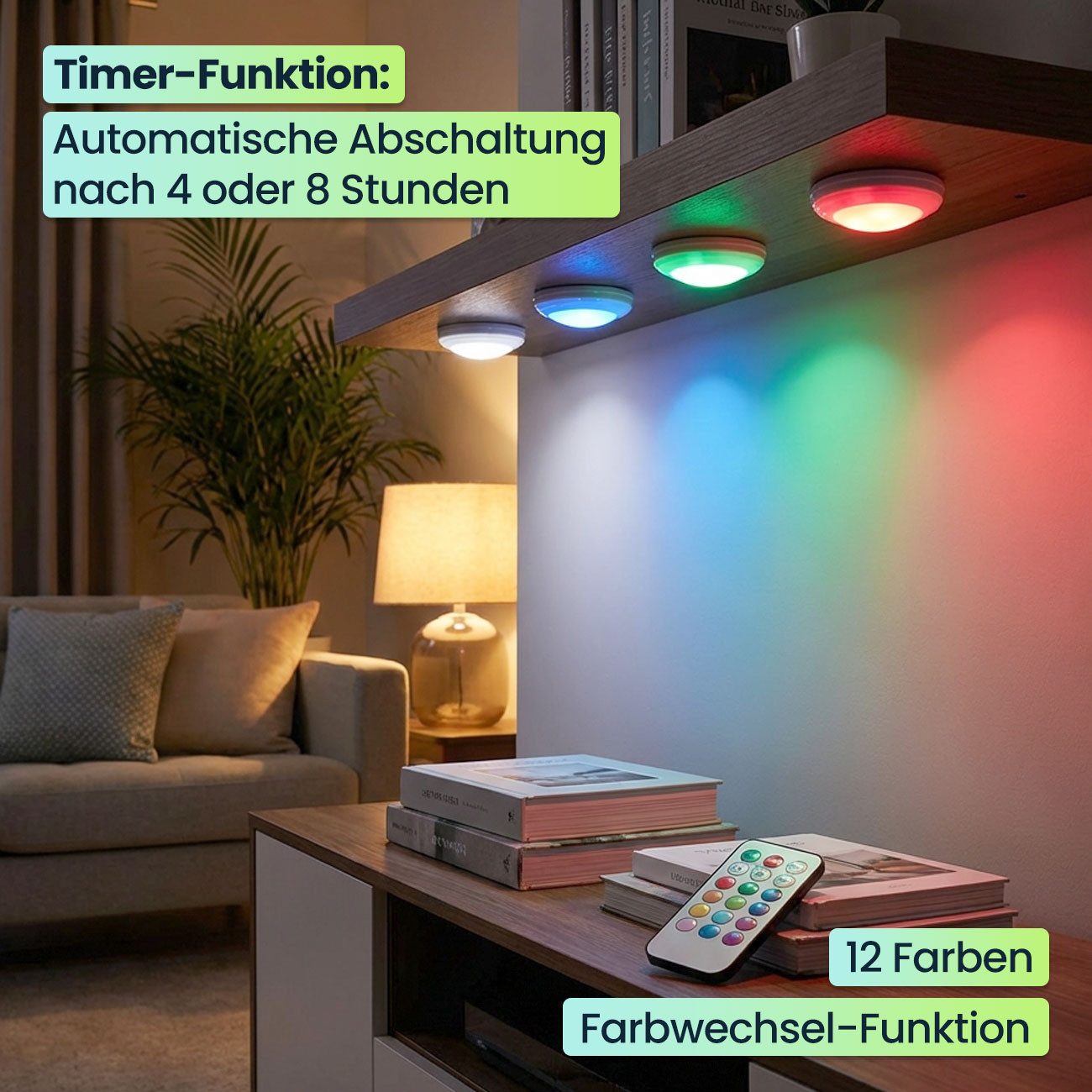 shop'n smile ideoon LED Unterbauleuchte 4er LED Push-Lichter Schrankleuchten Dimmbar Timer & Fernbedienung RGB, LED, Farbwechsel (12 Farben)/selbstklebend/3 LED – Bild 4 von 5
