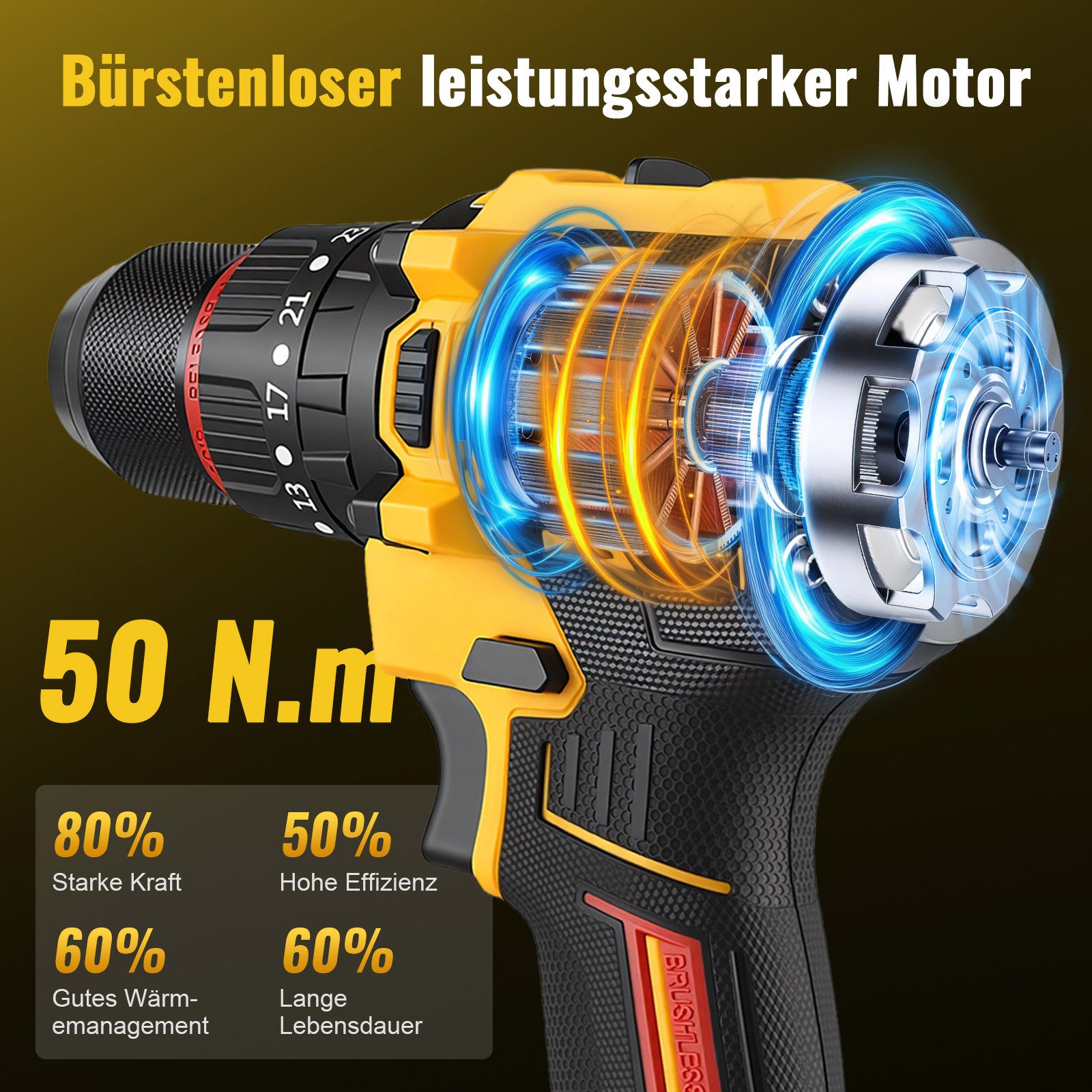 CONENTOOL Akku-Bohrschrauber Akkuschrauber Set Akkubohrer mit 60PCS Werkzeugkoffer, 21 V, max. 1800,00 U/min, (Set, 60-tlg., mit 2x 2000mAh Akkus und Ladegerät), 25+3 Drehmomentstufen, LED Licht, für Haus und DIY Projekt