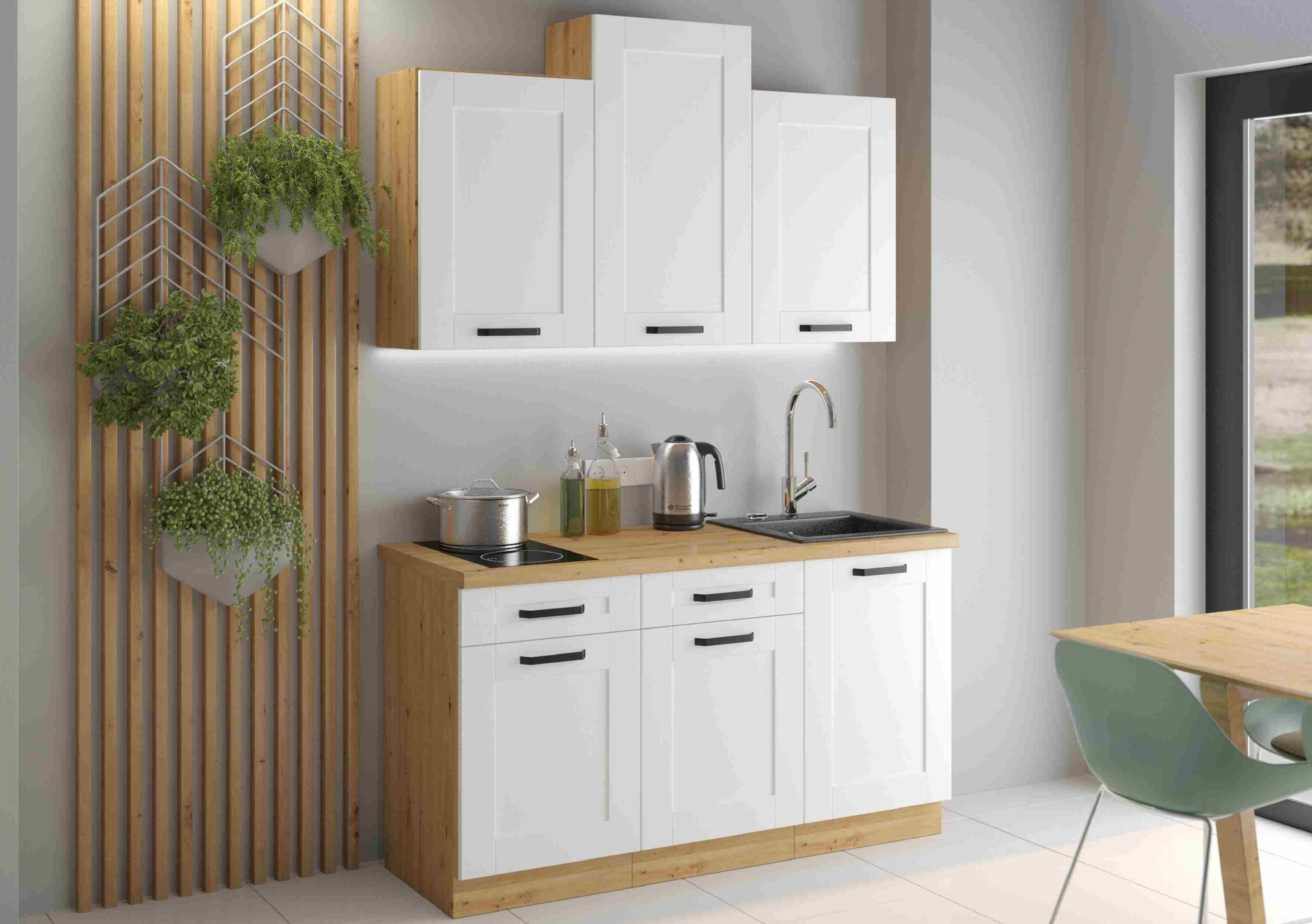 Furnix Küchenzeile Isladora 150 cm Küchenmöbel-Set mit Hängeschränken in 5 Farben, Maße 150x85,8x60 cm, Landhaus Design & Funktionalität